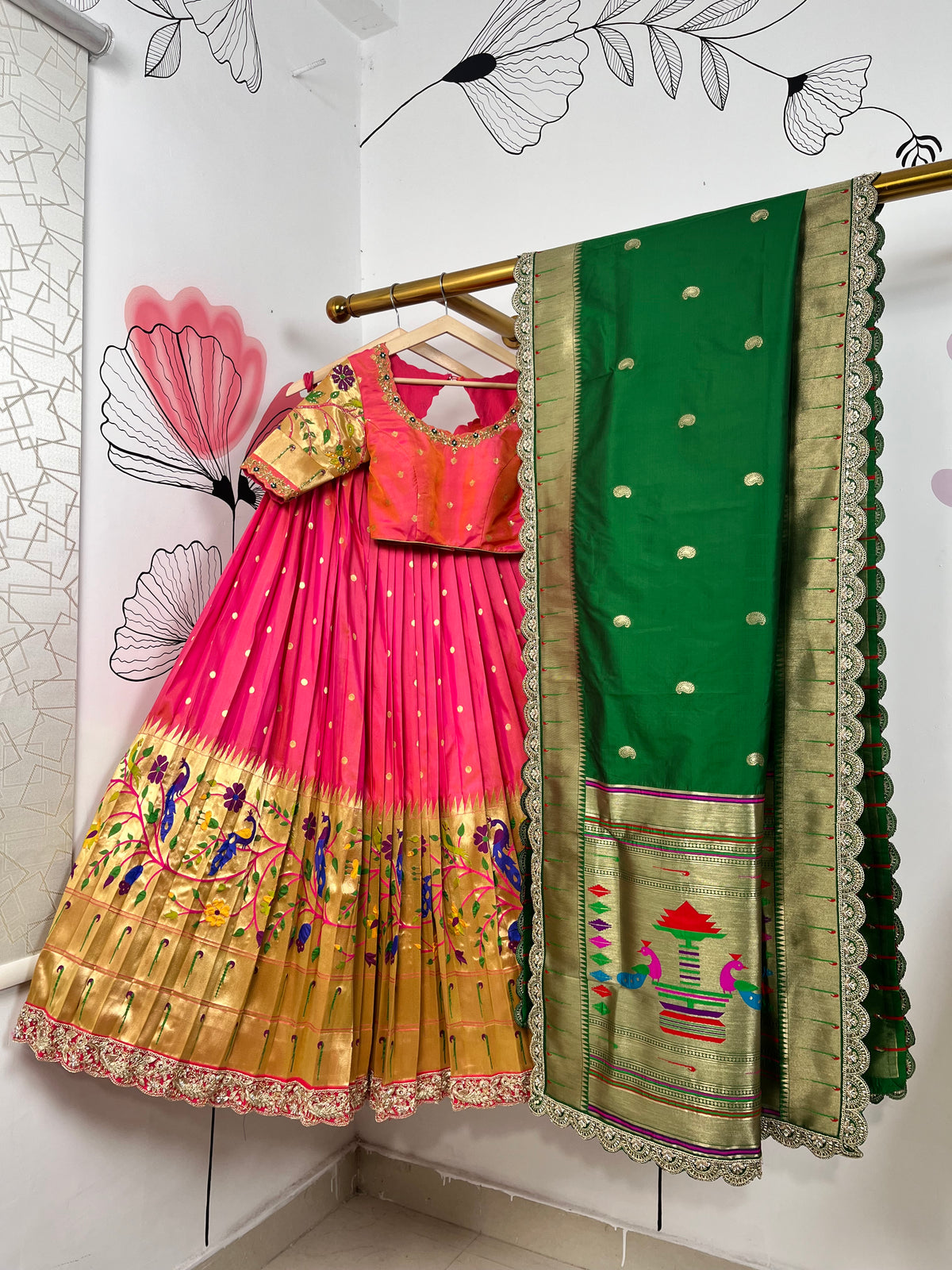 Pink and Green Paithani Lehenga