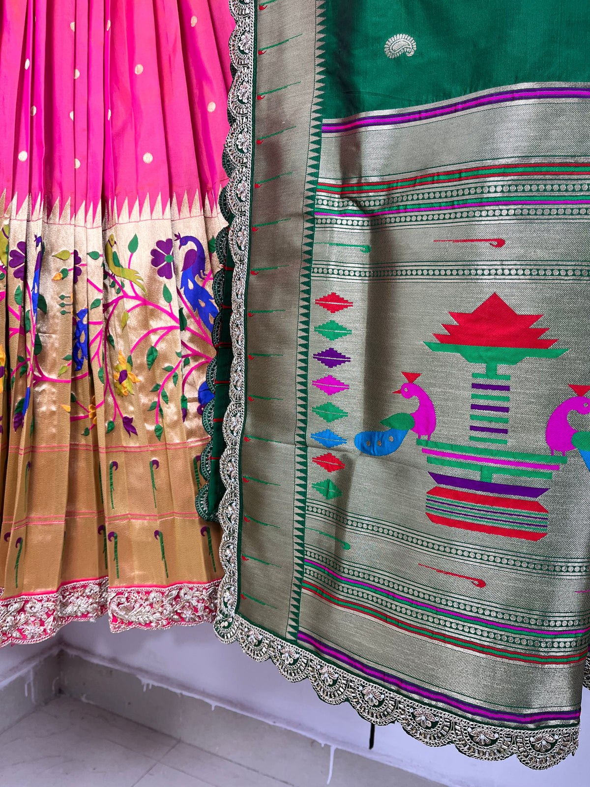 Pink and Green Paithani Lehenga