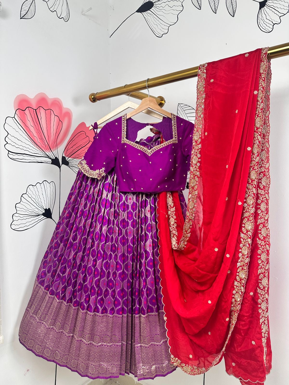 Wine and Red Banarasi Lehenga