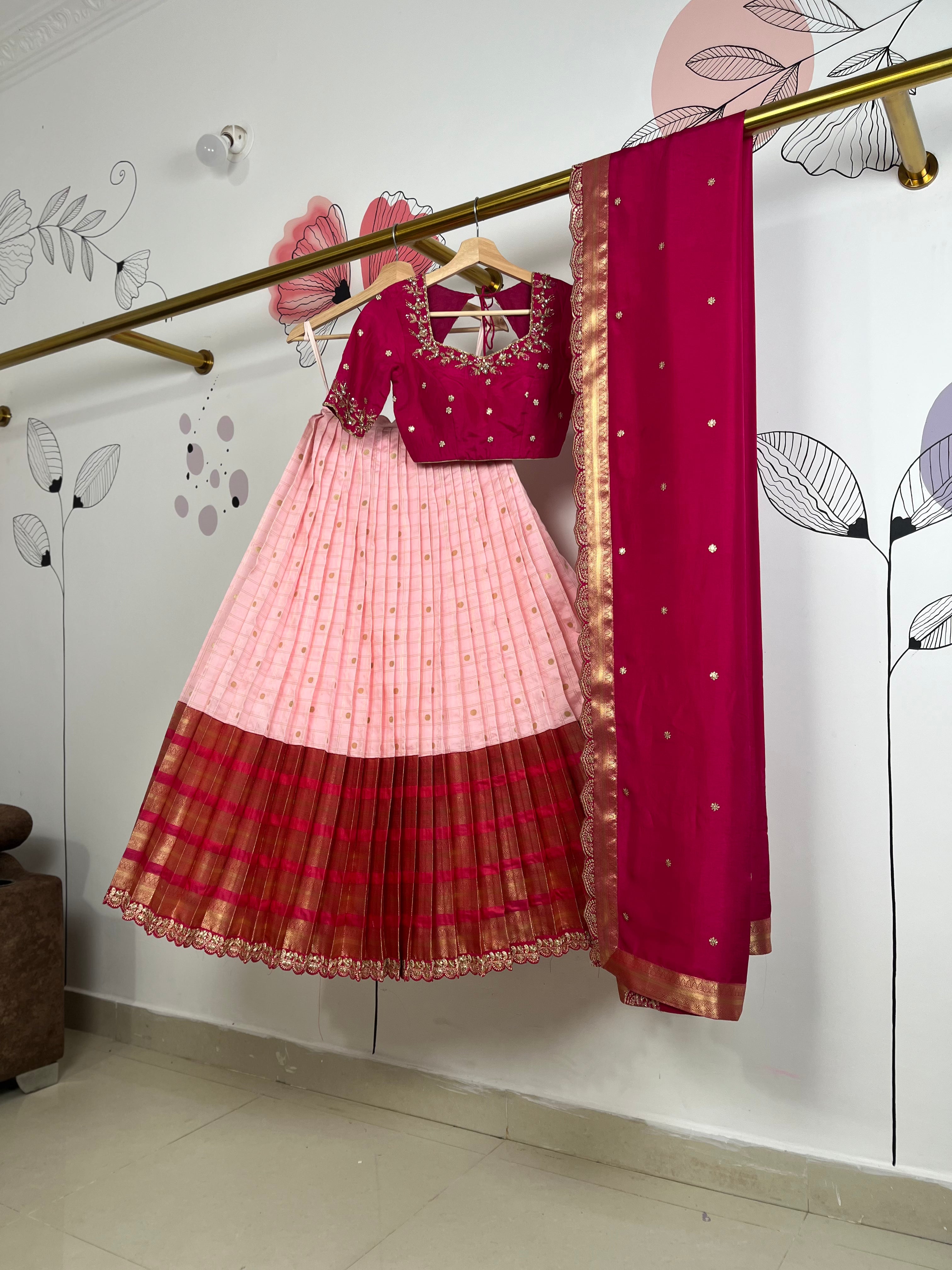 Baby Pink and Red Katan Lehenga