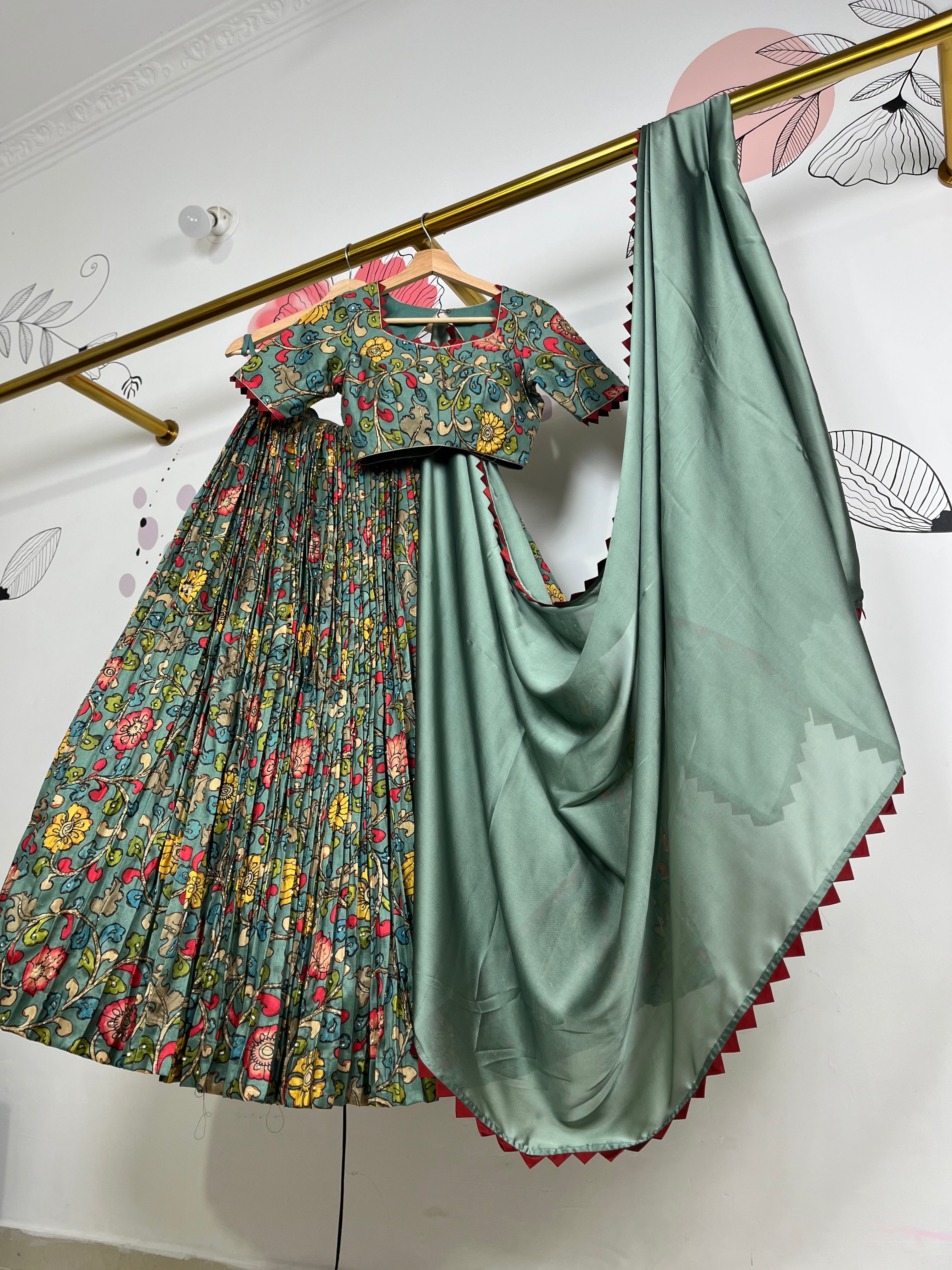 Sea Green and Red Kalamkari Lehenga