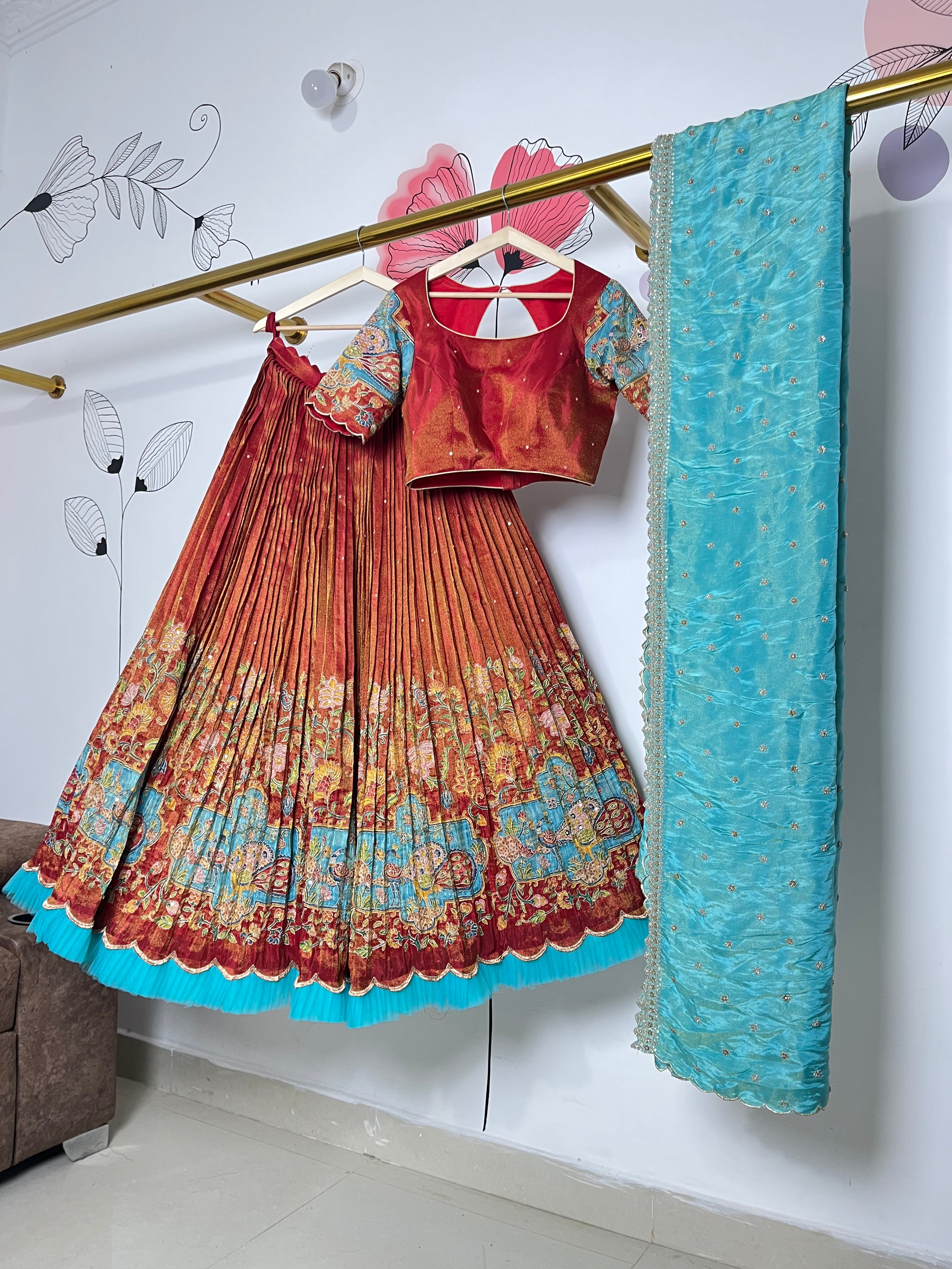 Red And Sky Blue Kalamkari Lehenga