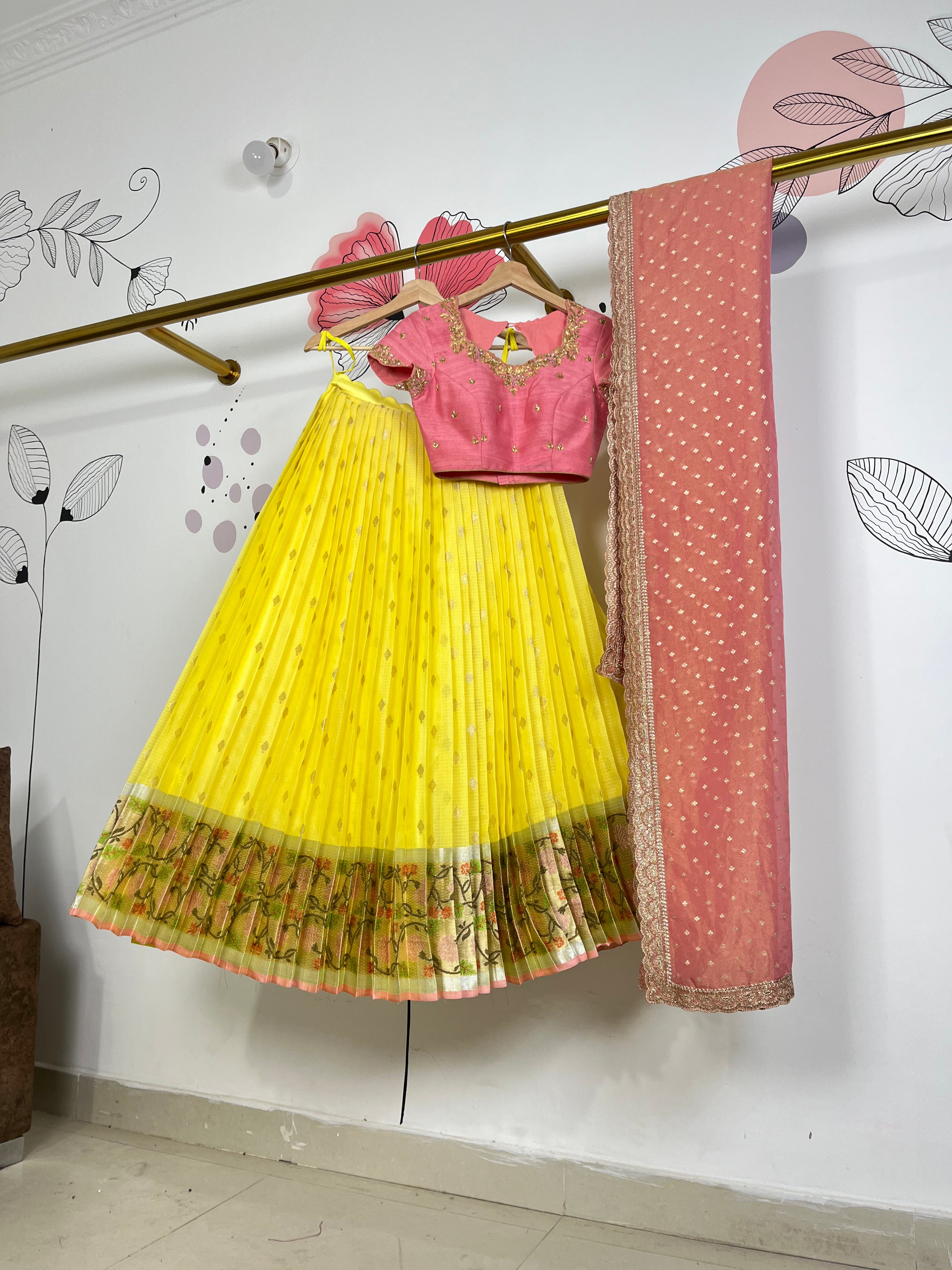 Yellow And Peach Jari Kota Lehenga