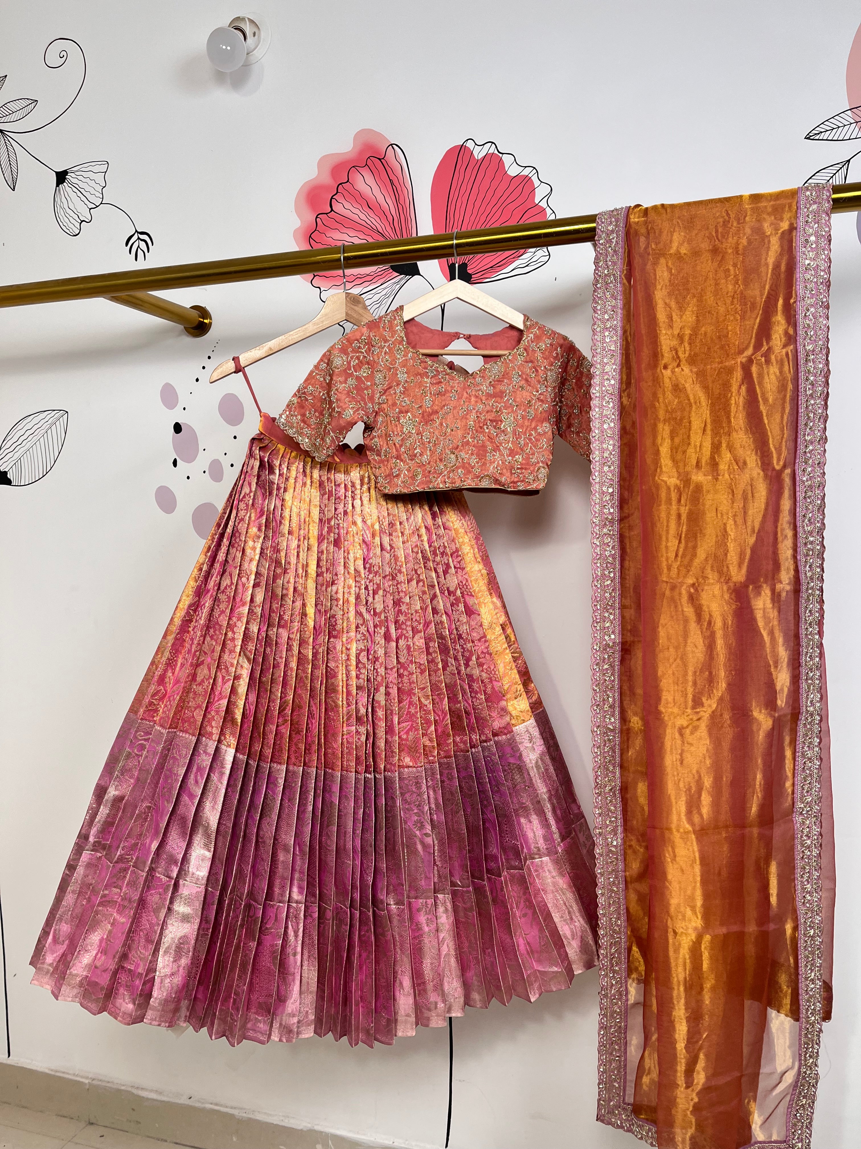 Peach and Pink Pure Kanjeevaram Kanchi Pattu Lehenga