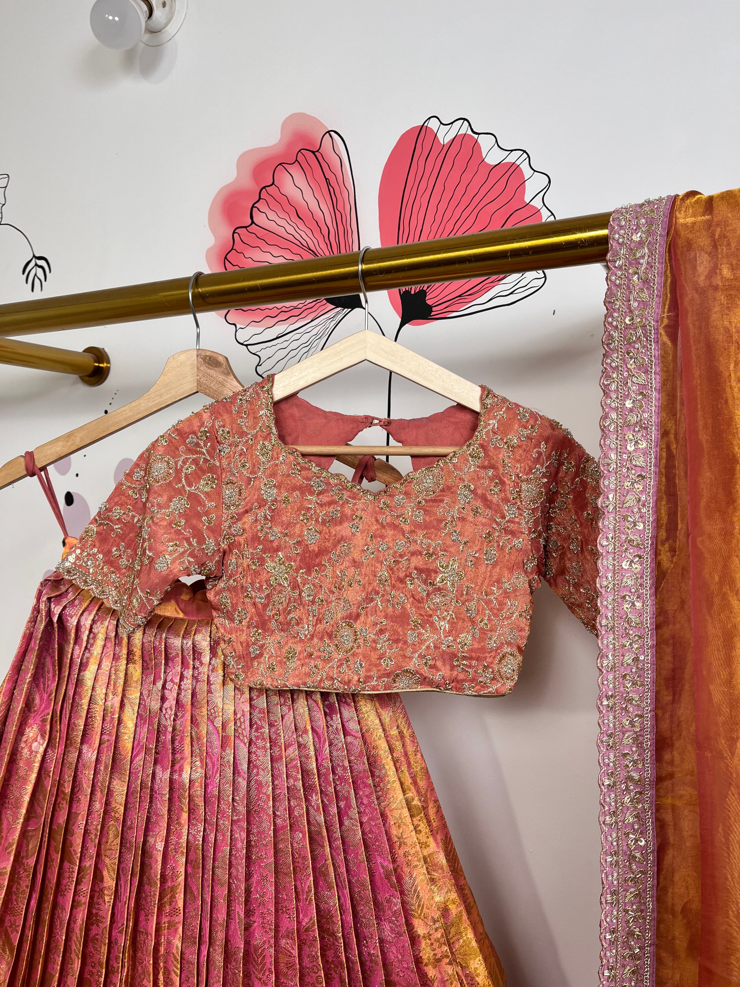 Peach and Pink Pure Kanjeevaram Kanchi Pattu Lehenga