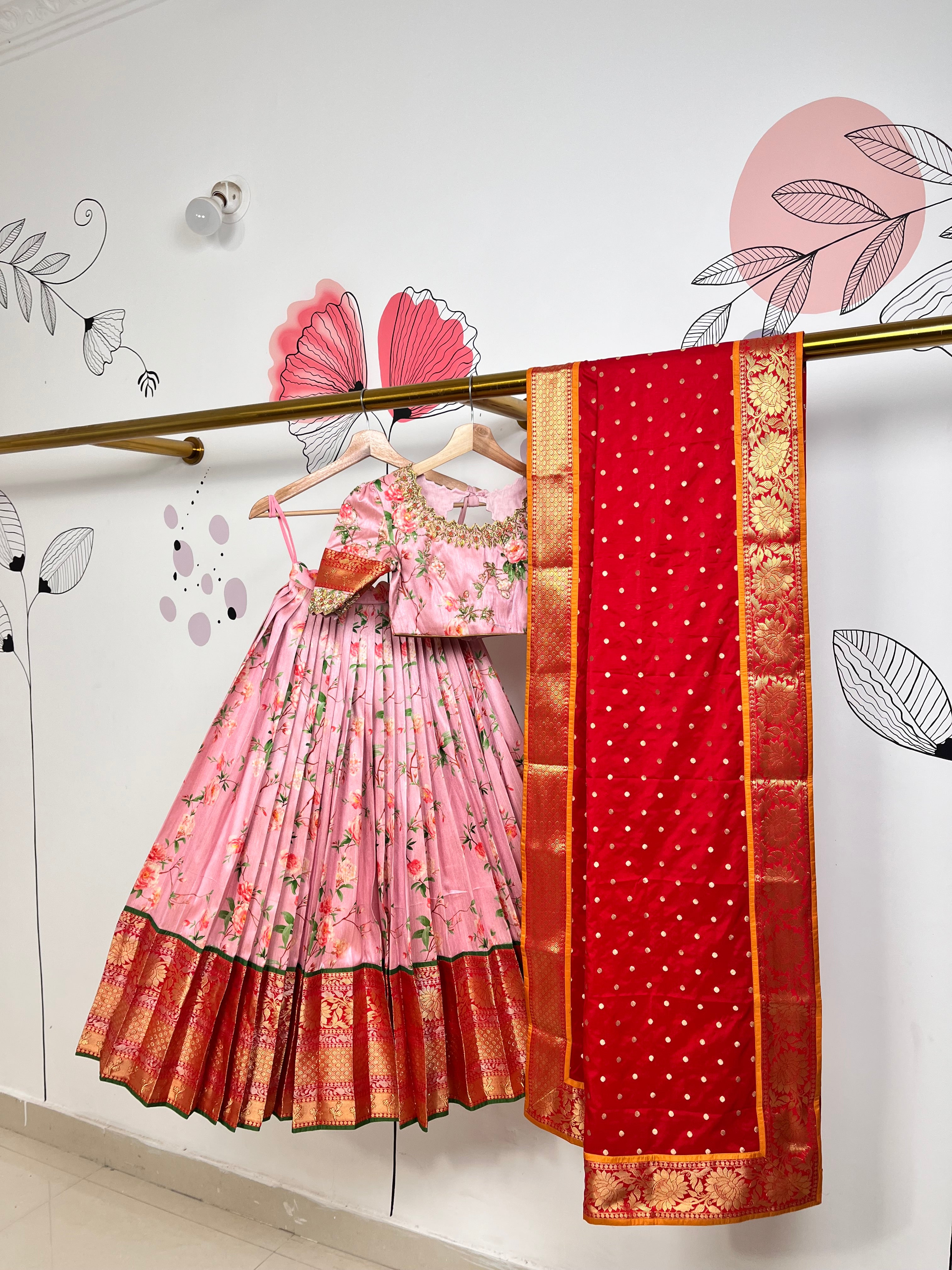 Baby Pink and Red Floral Lehenga