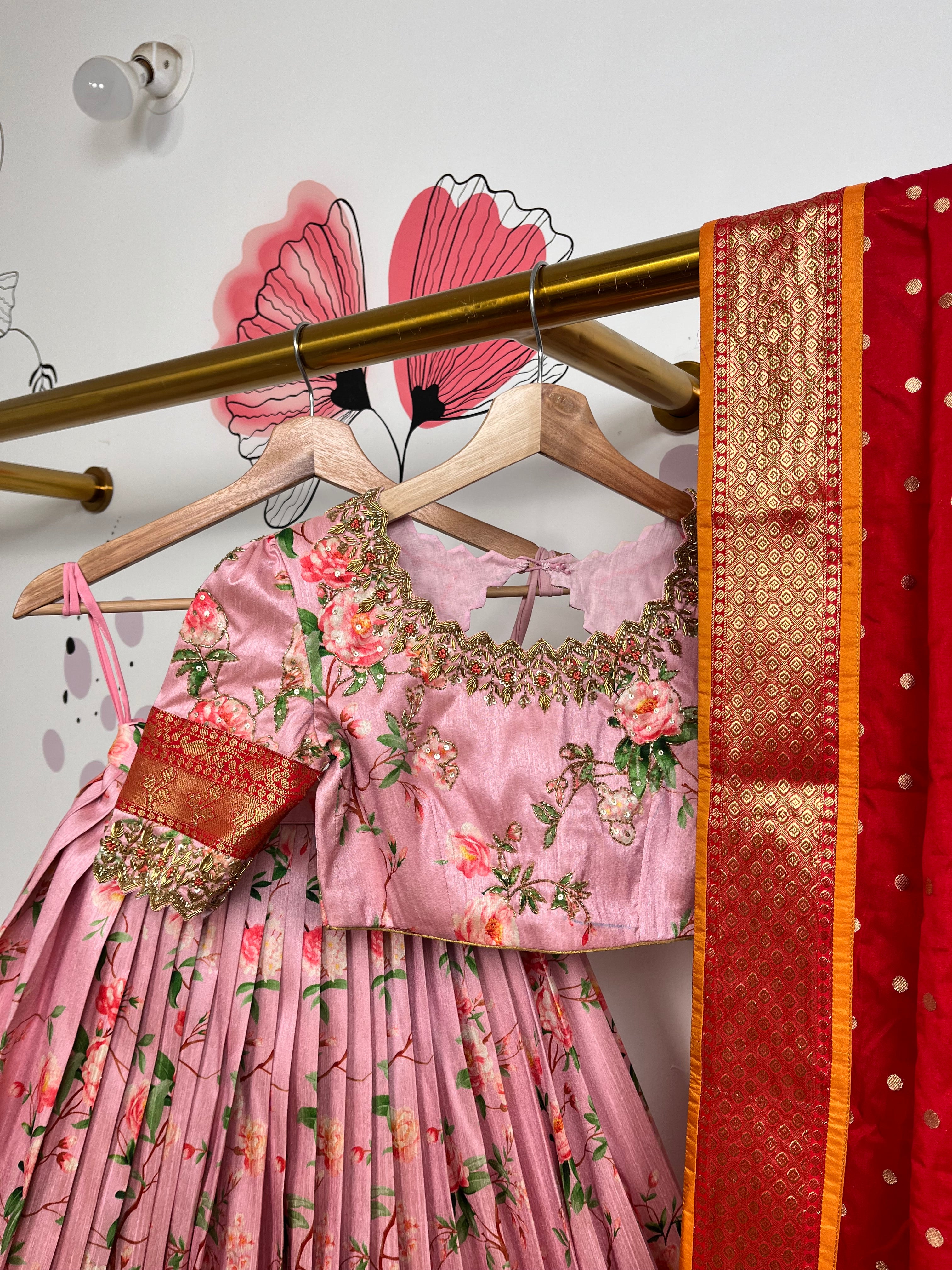 Baby Pink and Red Floral Lehenga