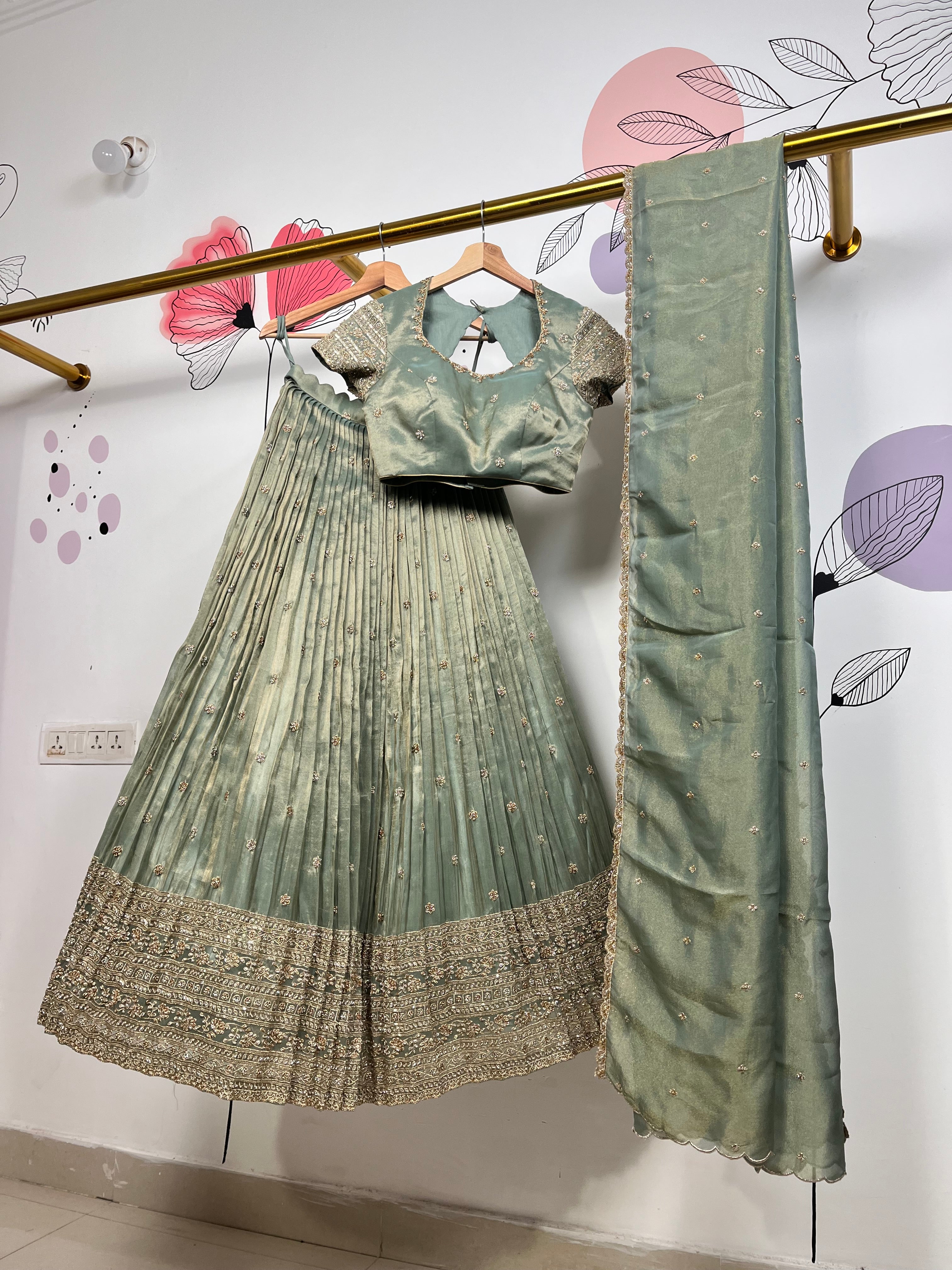 Sea Green Beads Work Jari Tissue Lehenga