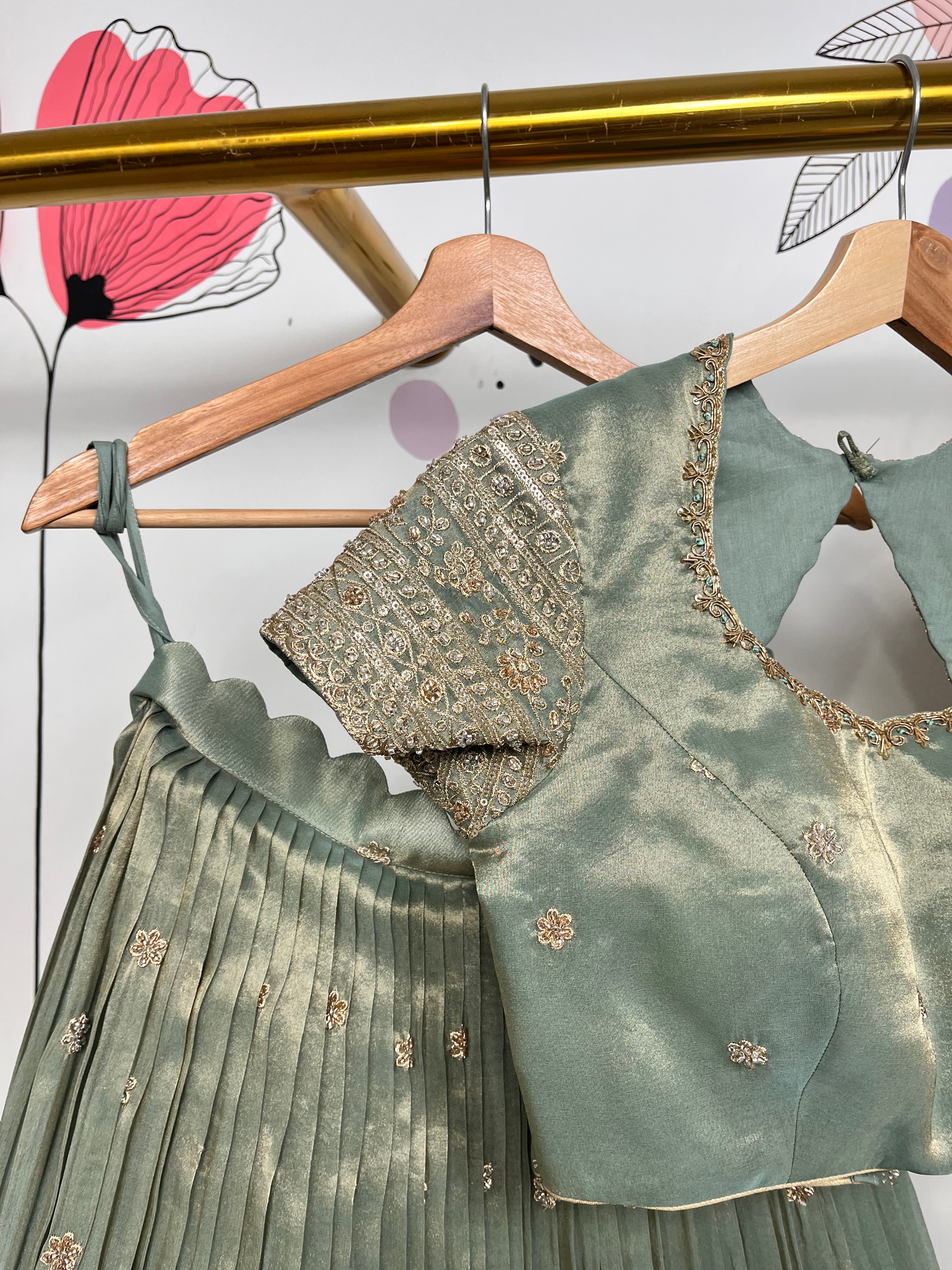 Sea Green Beads Work Jari Tissue Lehenga