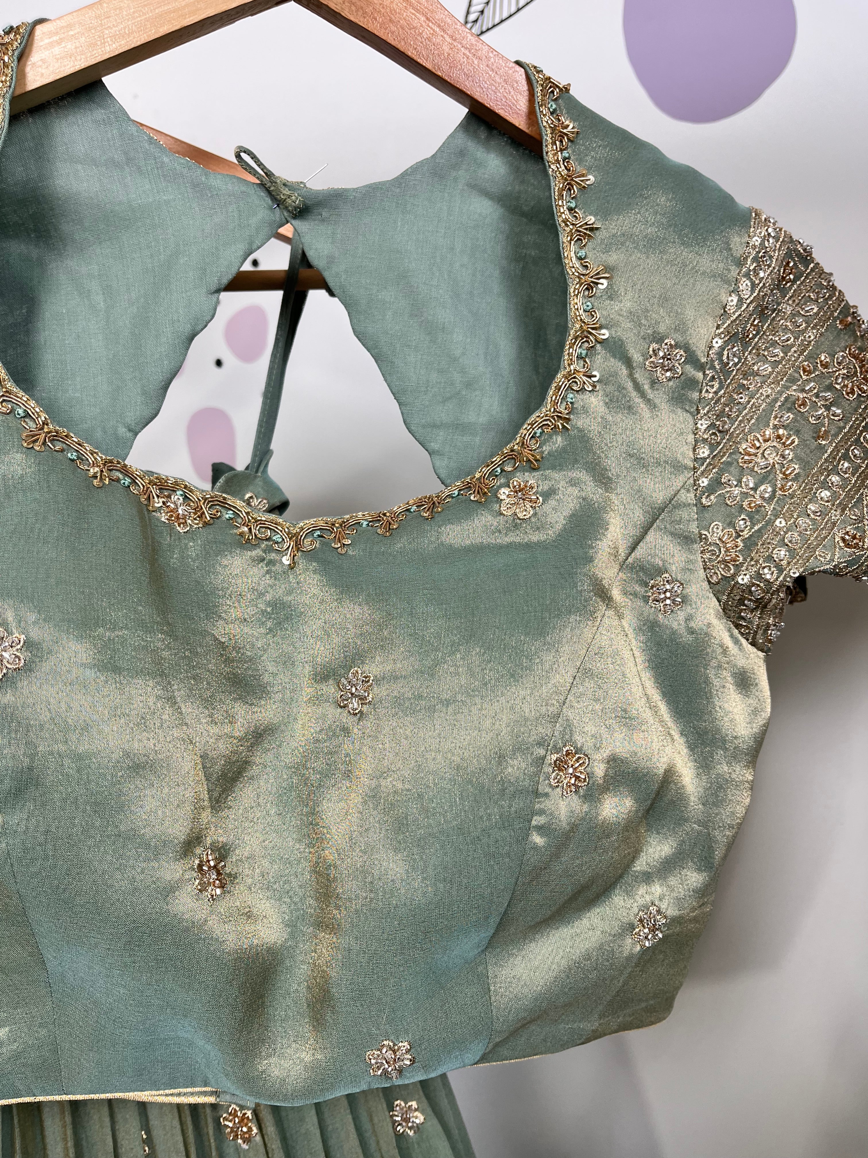 Sea Green Beads Work Jari Tissue Lehenga