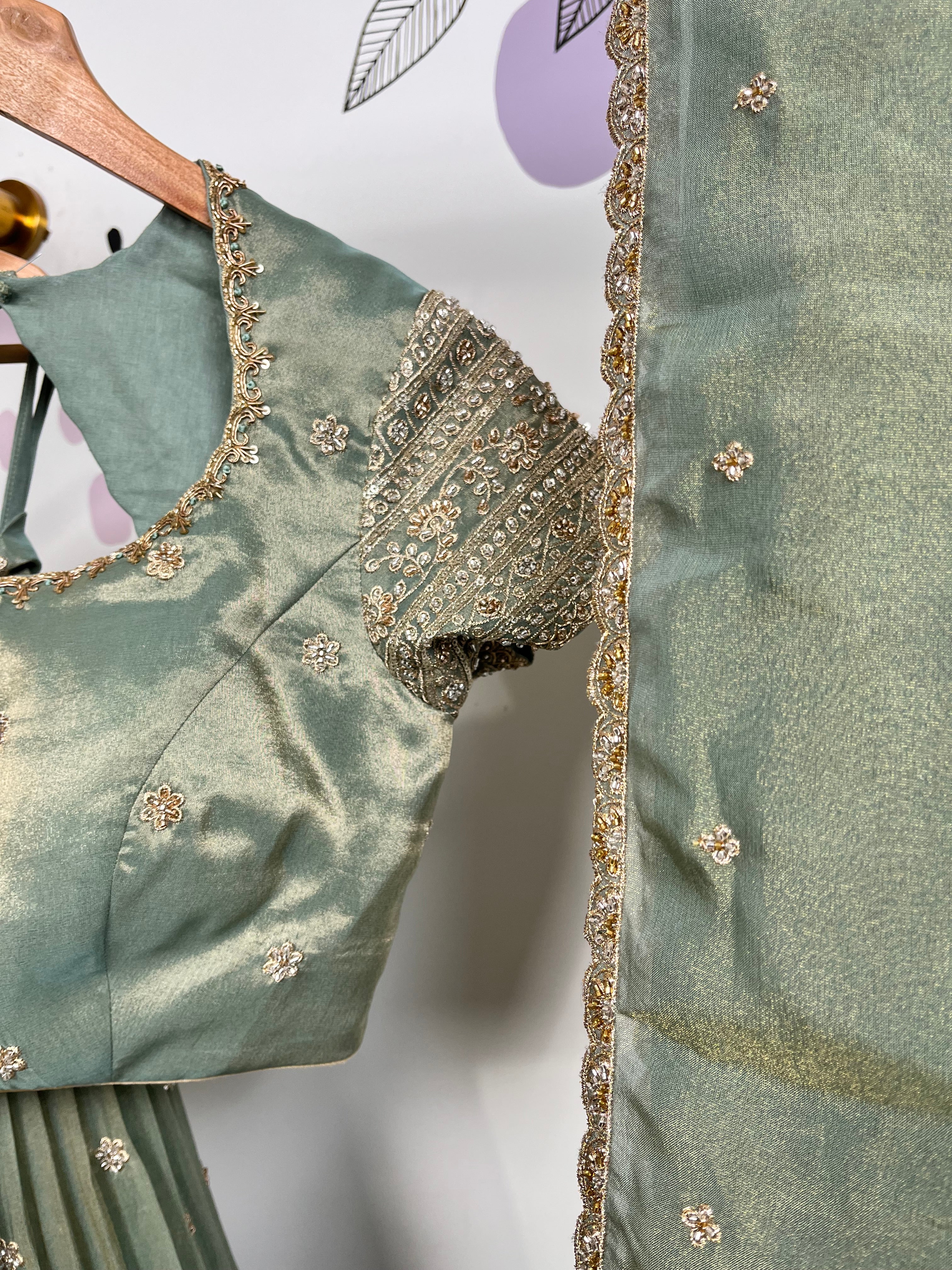 Sea Green Beads Work Jari Tissue Lehenga