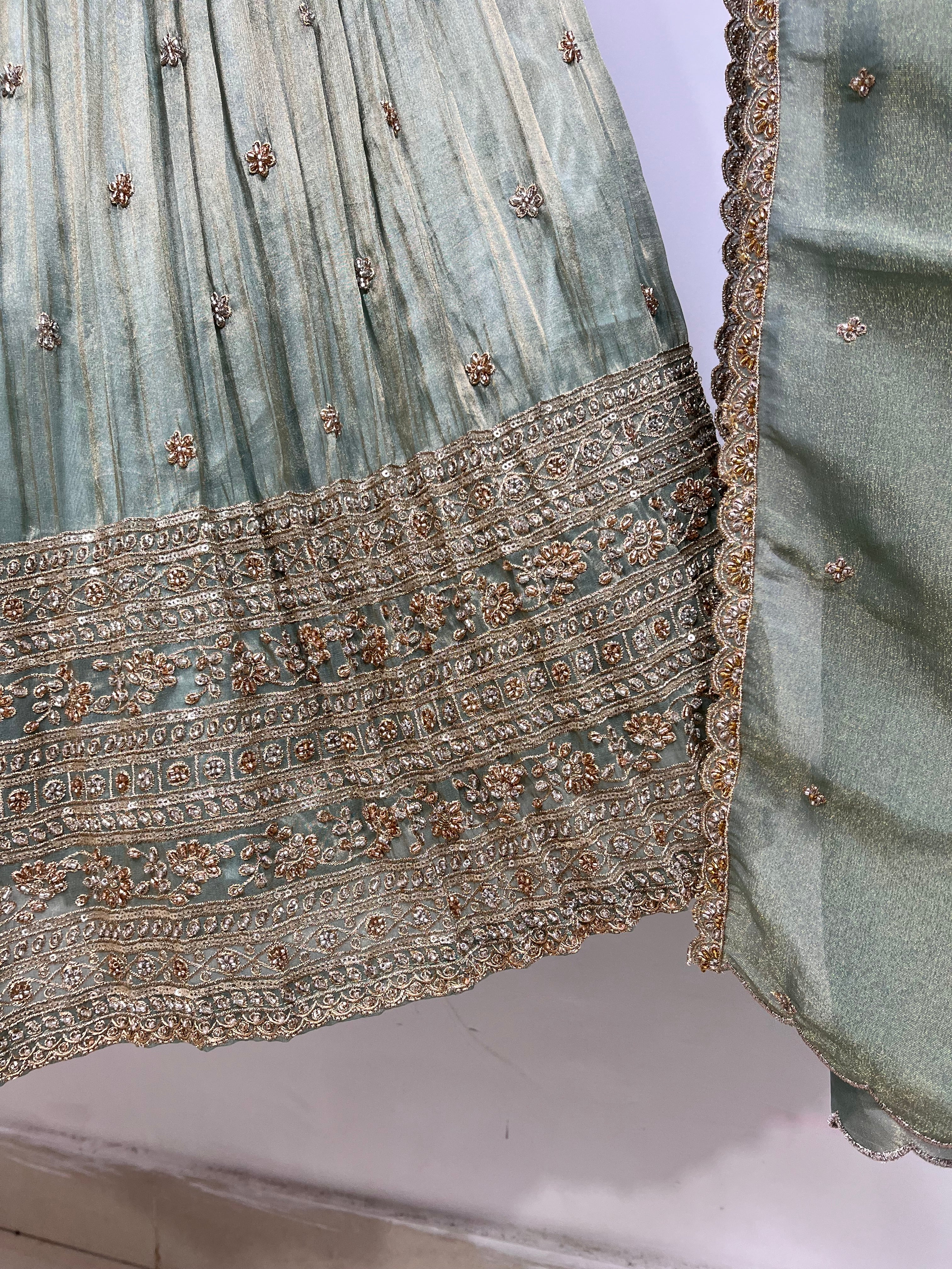 Sea Green Beads Work Jari Tissue Lehenga