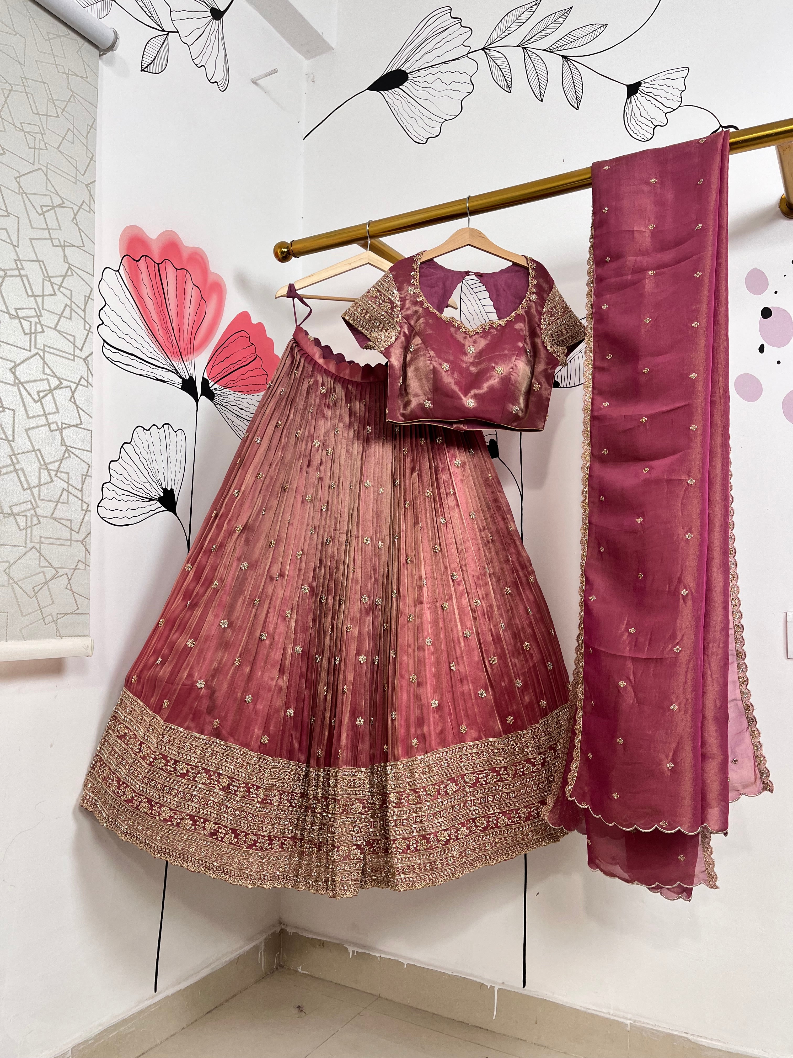 Onion Pink Beads Work Lehenga