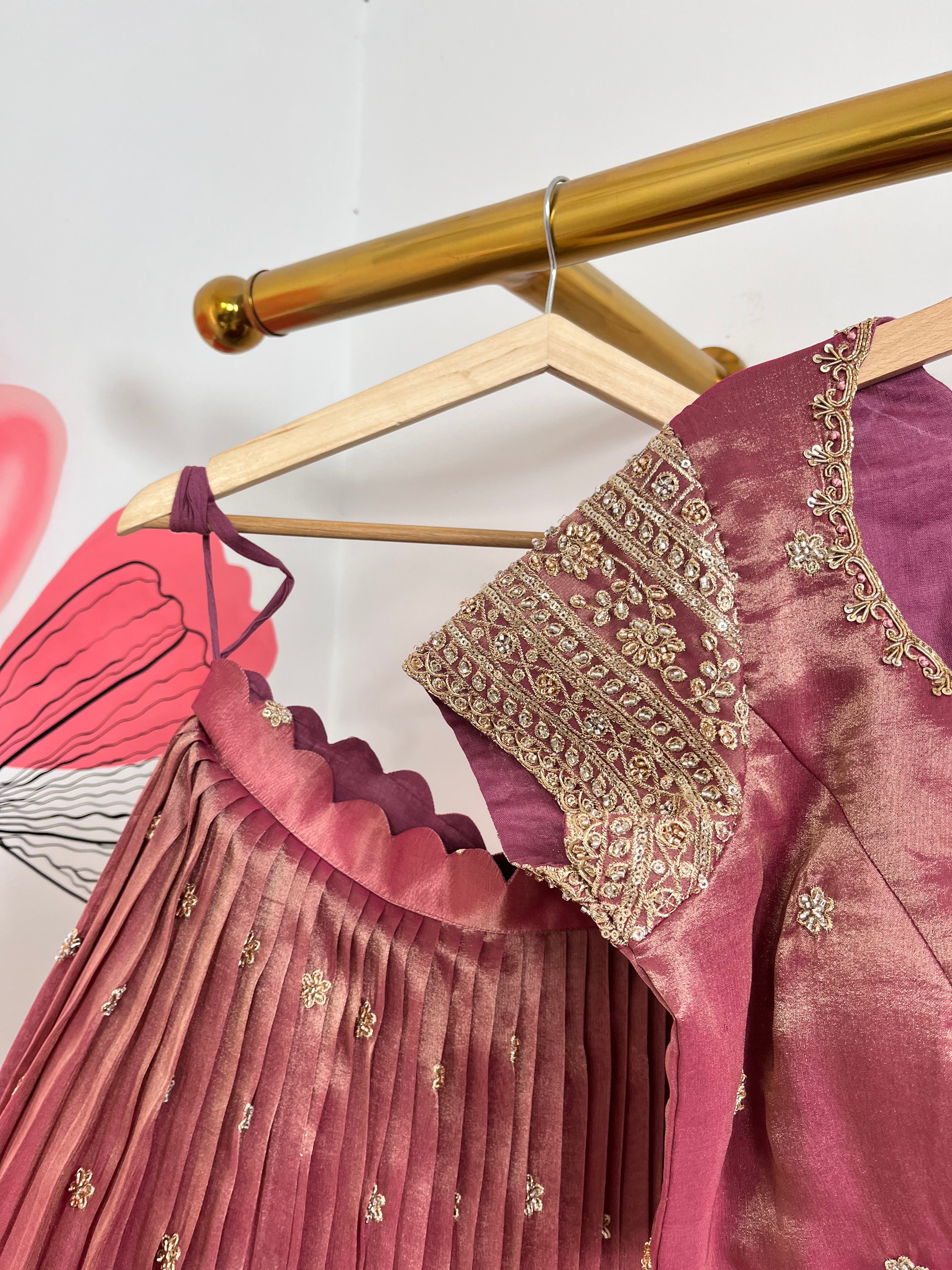 Onion Pink Beads Work Lehenga