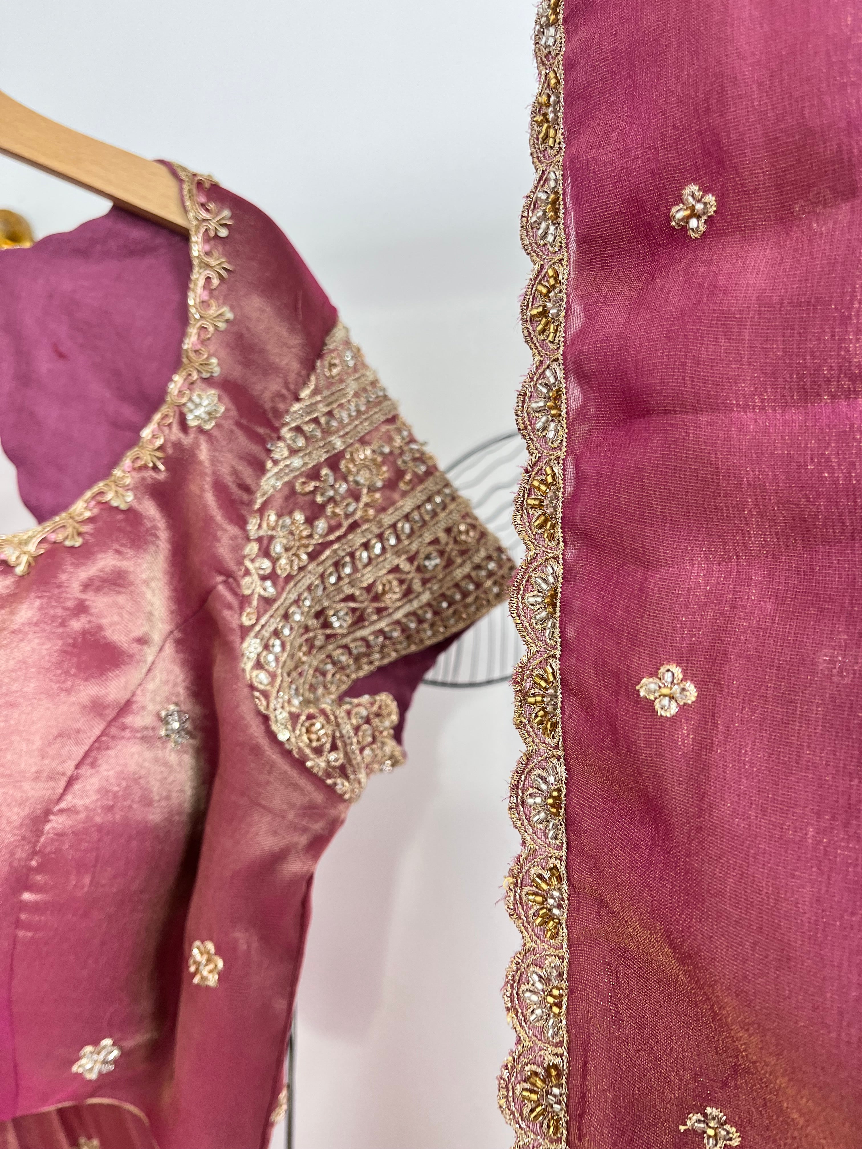 Onion Pink Beads Work Lehenga