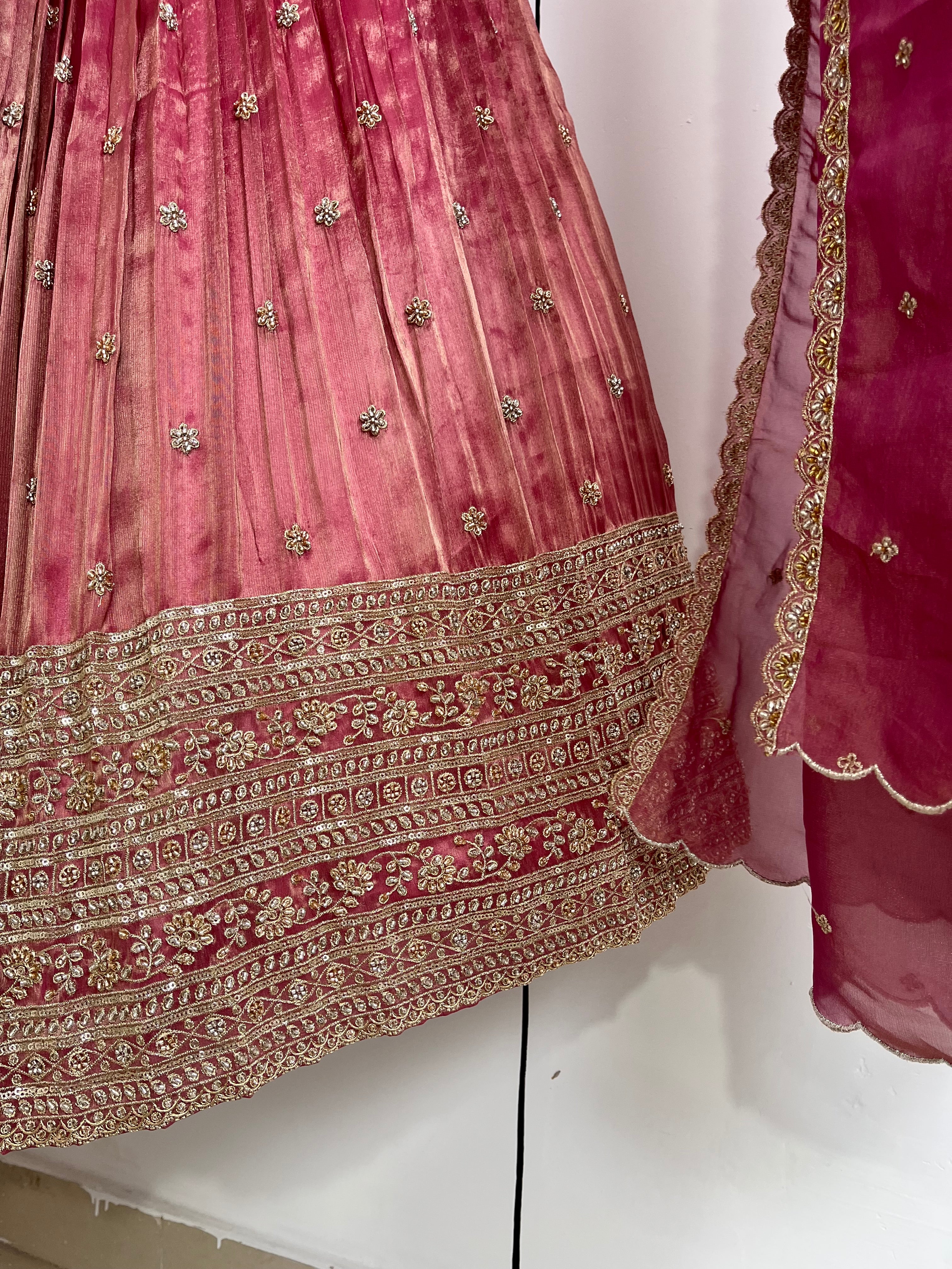 Onion Pink Beads Work Lehenga
