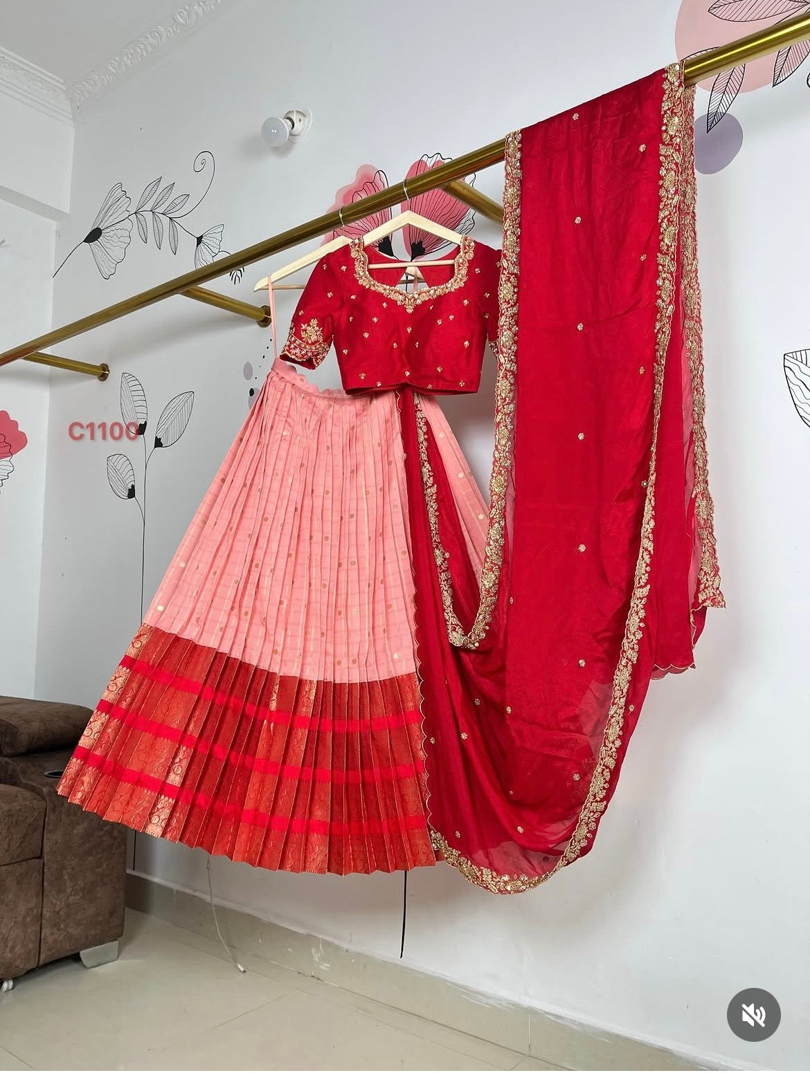 Baby Pink and Red Katan Silk Lehenga