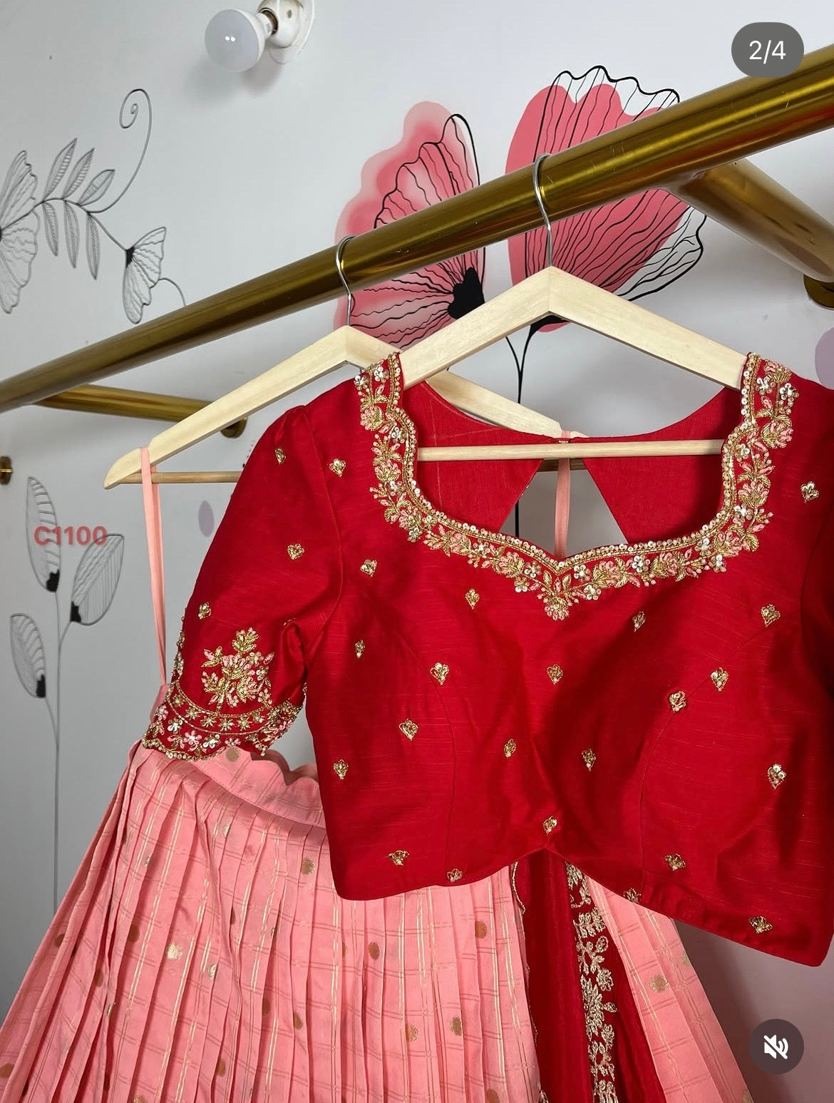 Baby Pink and Red Katan Silk Lehenga