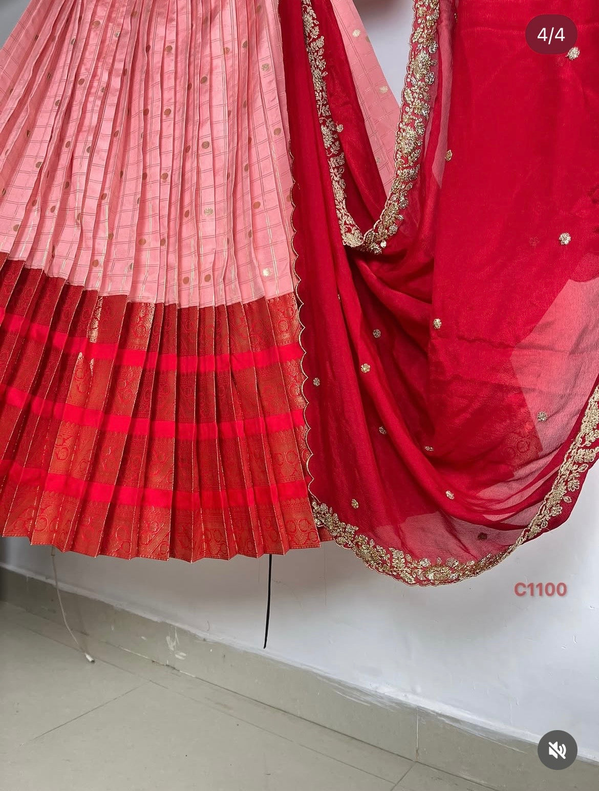 Baby Pink and Red Katan Silk Lehenga