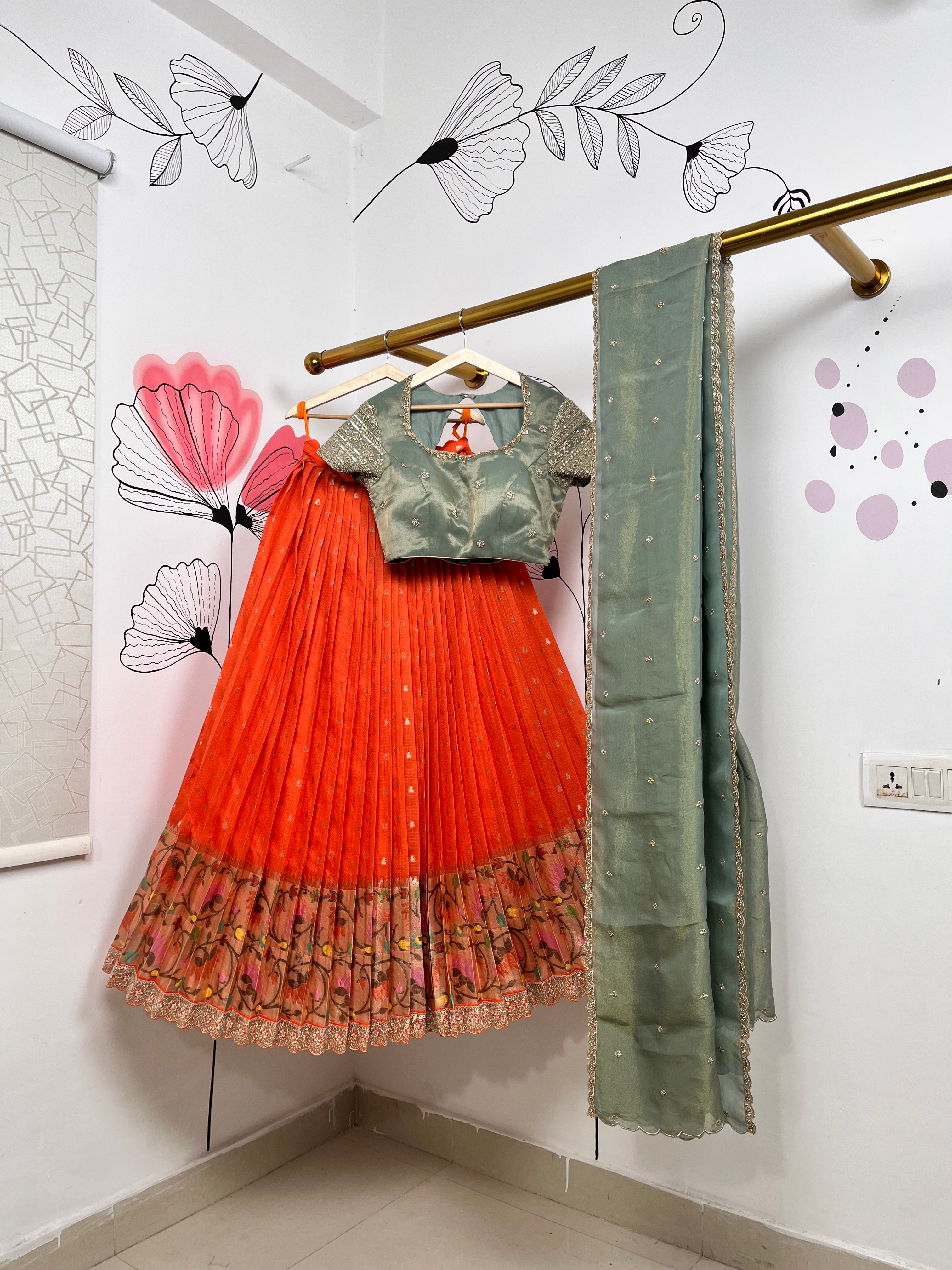 Orange and Sea Green Jari Kota Lehenga
