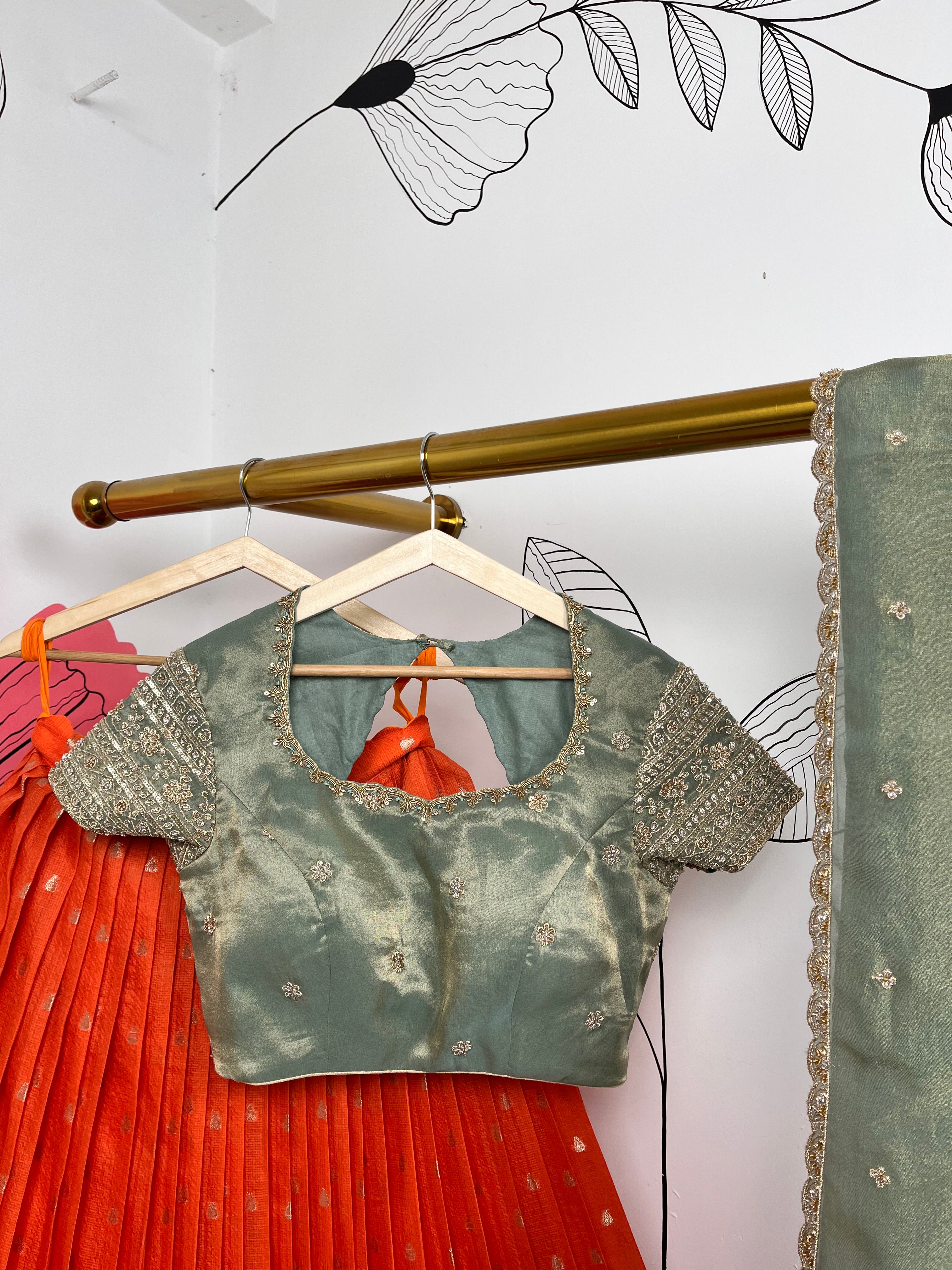 Orange and Sea Green Jari Kota Lehenga
