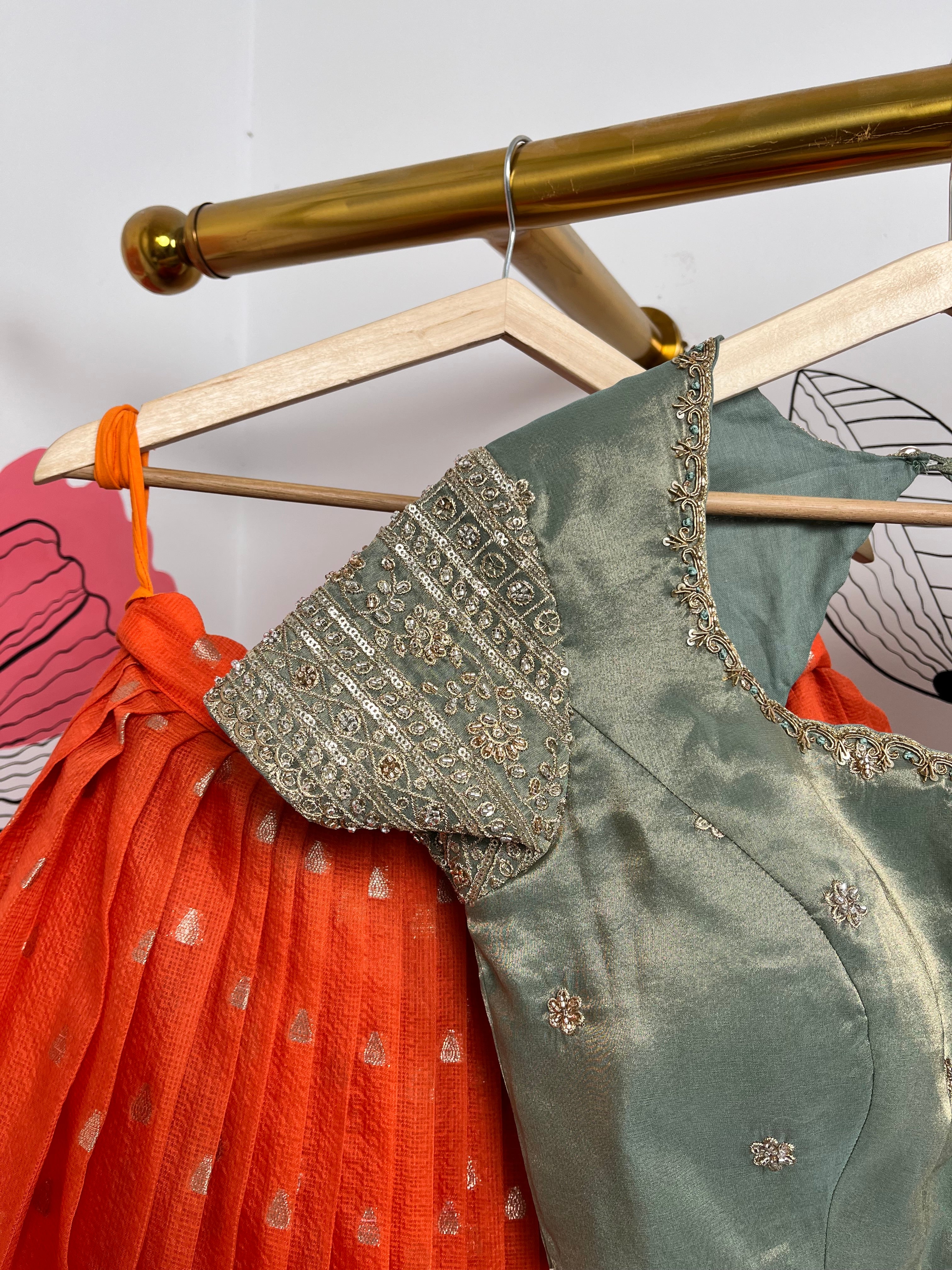 Orange and Sea Green Jari Kota Lehenga