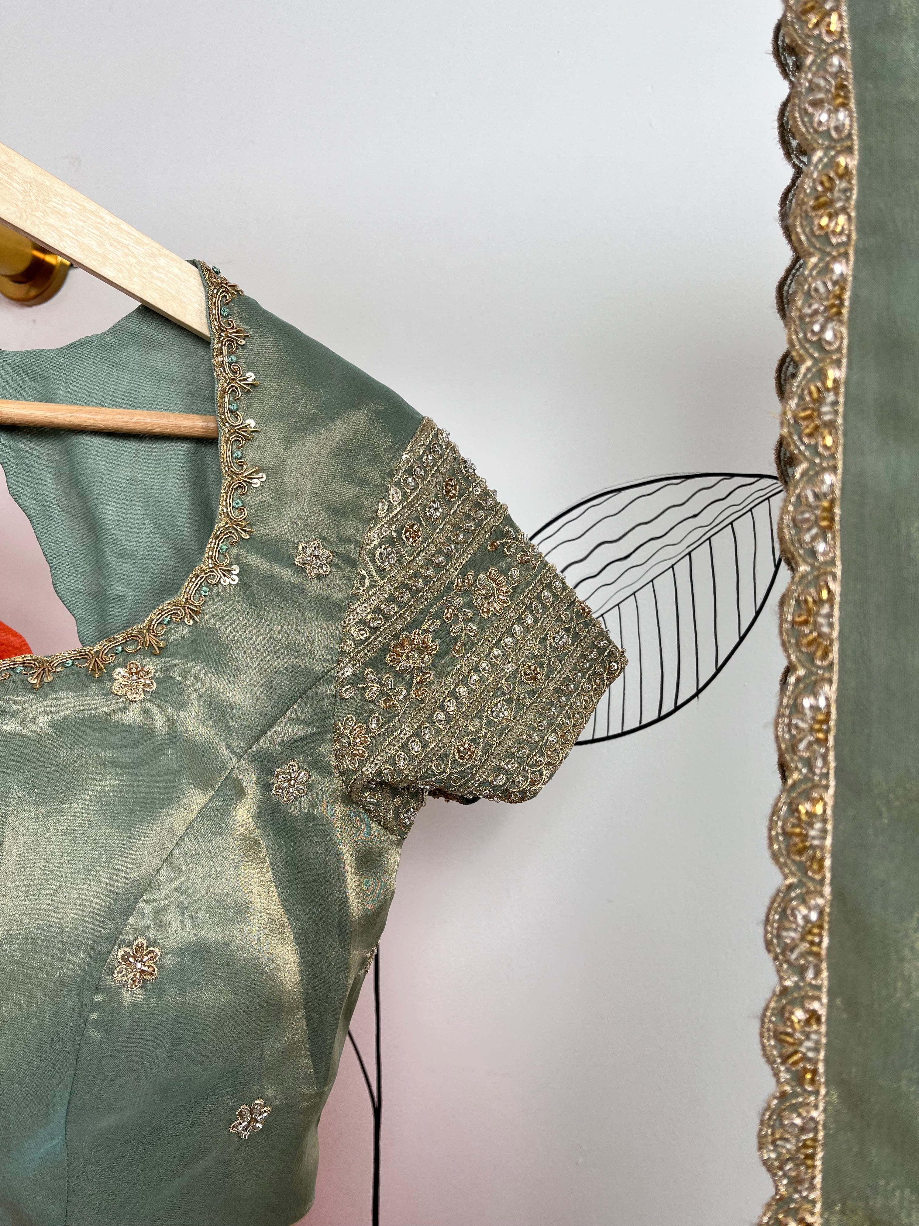 Orange and Sea Green Jari Kota Lehenga