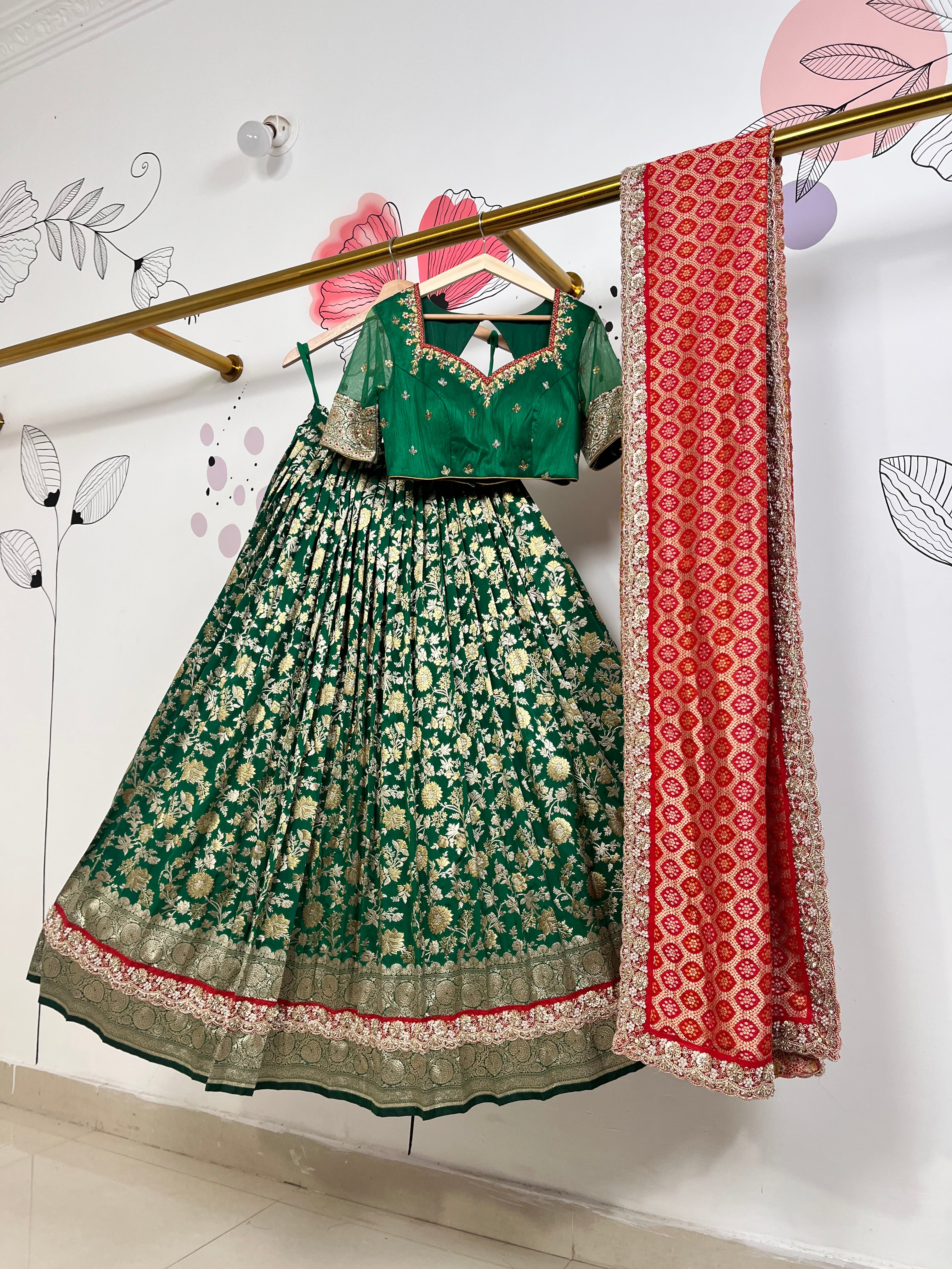 Bottle Green and Red Banarasi Lehenga