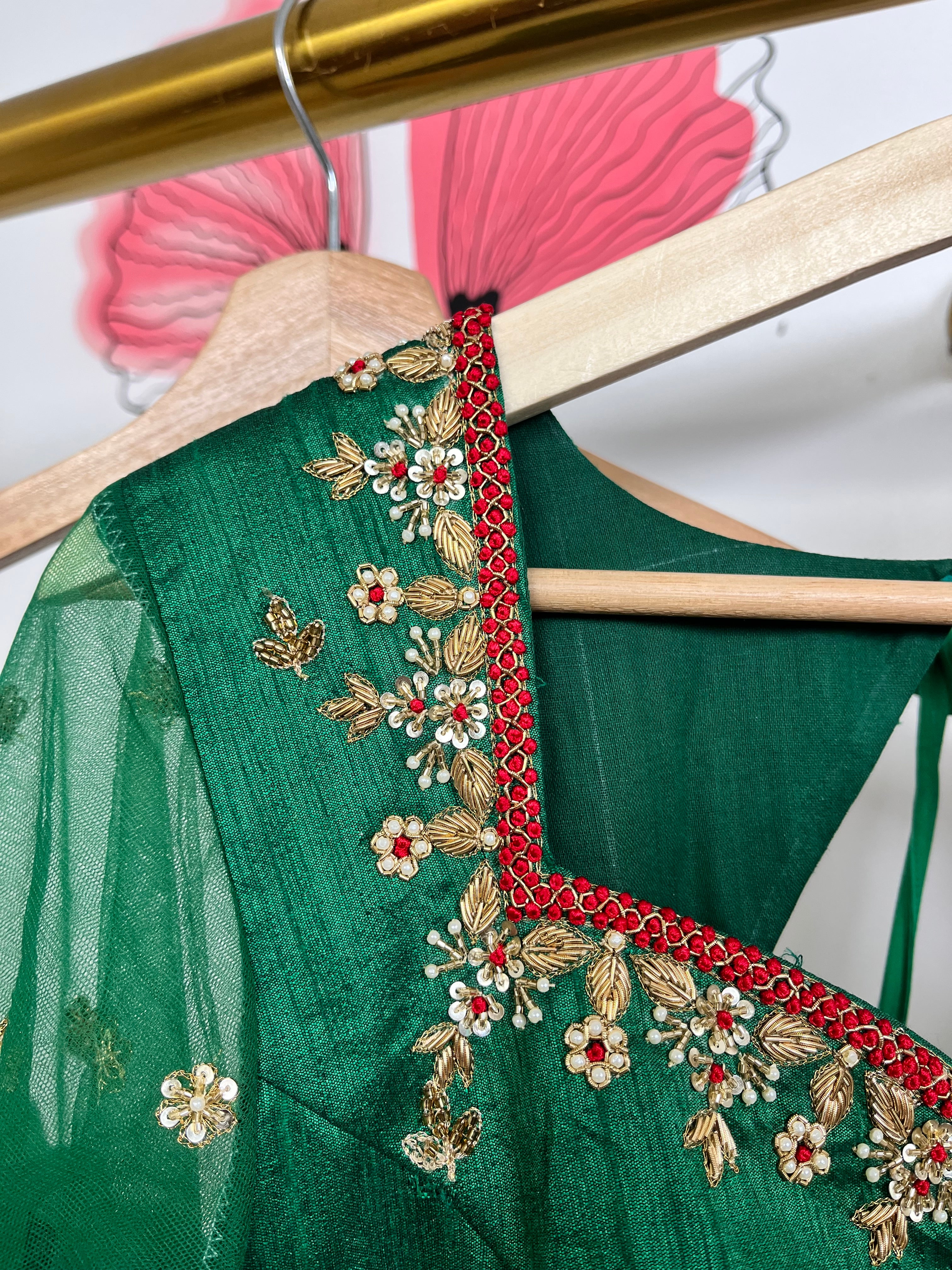 Bottle Green and Red Banarasi Lehenga