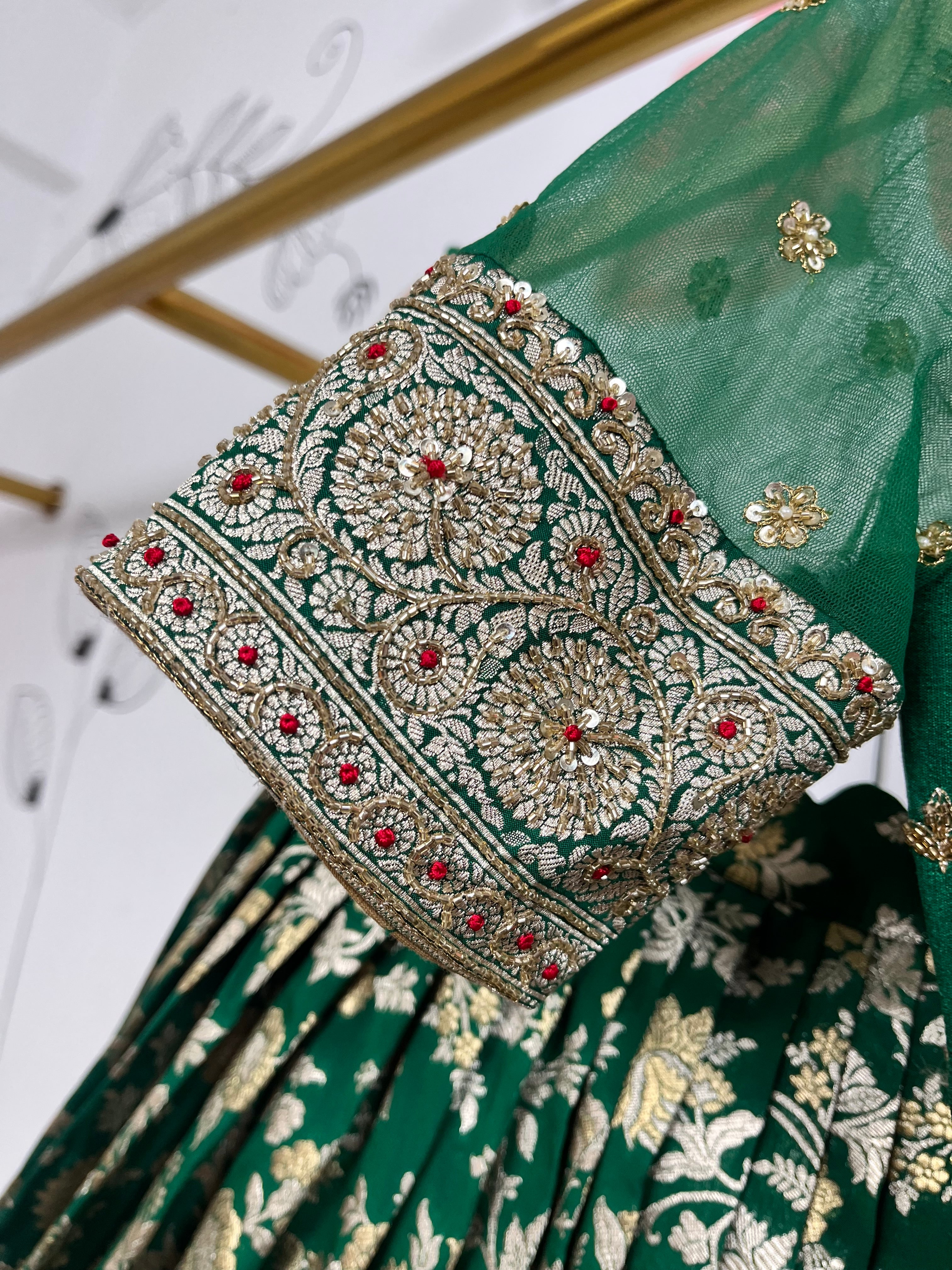 Bottle Green and Red Banarasi Lehenga