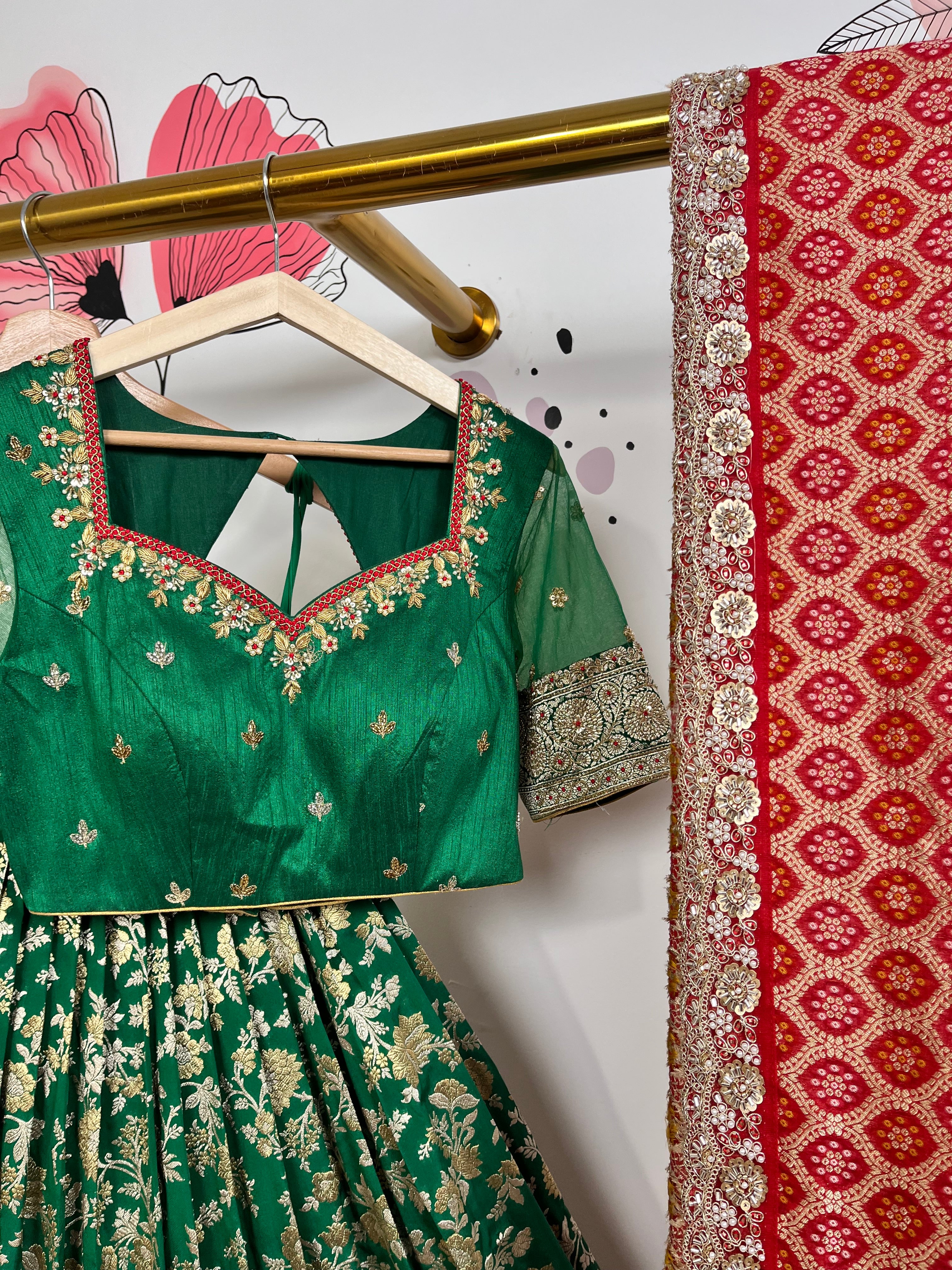 Bottle Green and Red Banarasi Lehenga