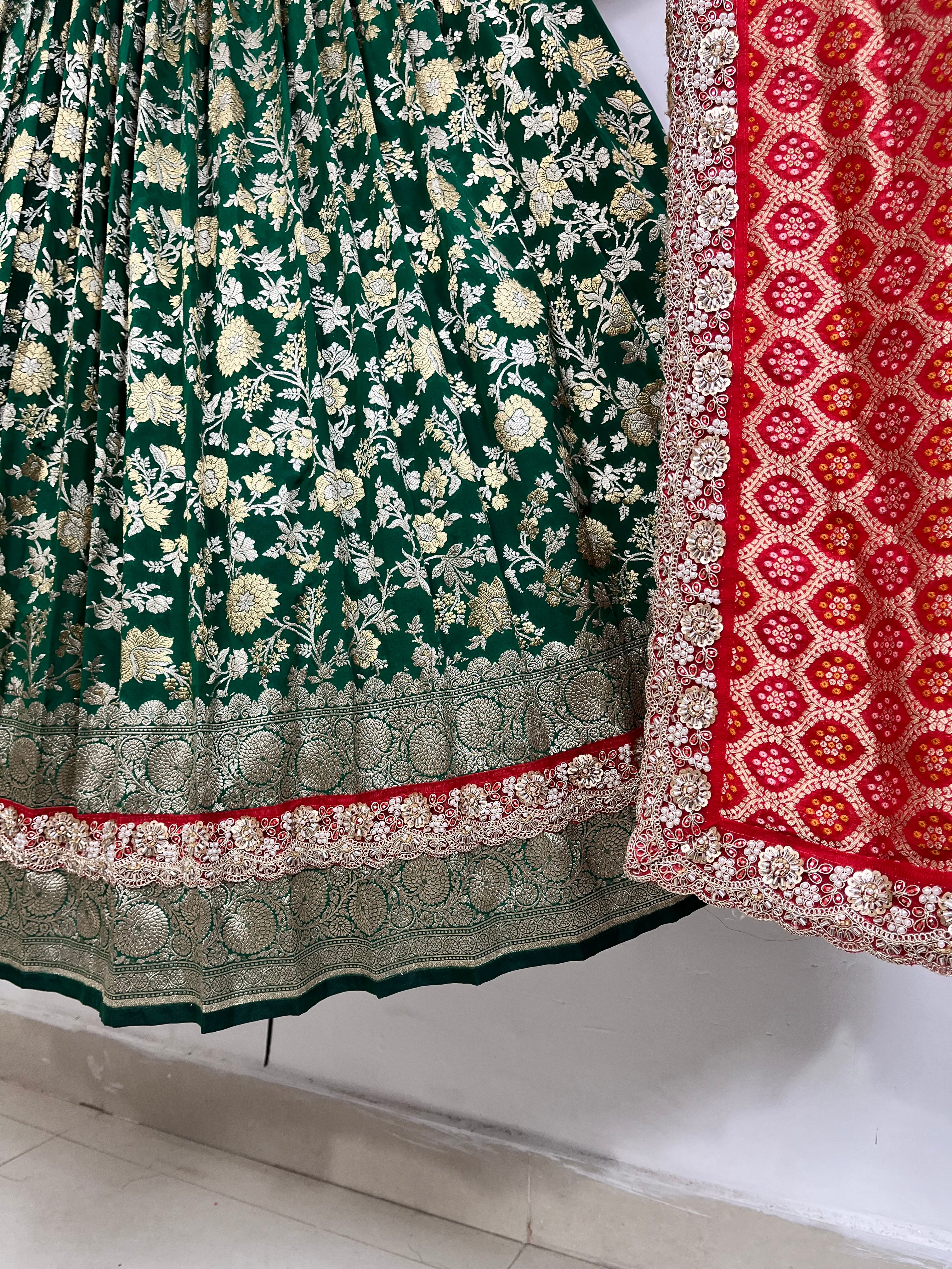 Bottle Green and Red Banarasi Lehenga