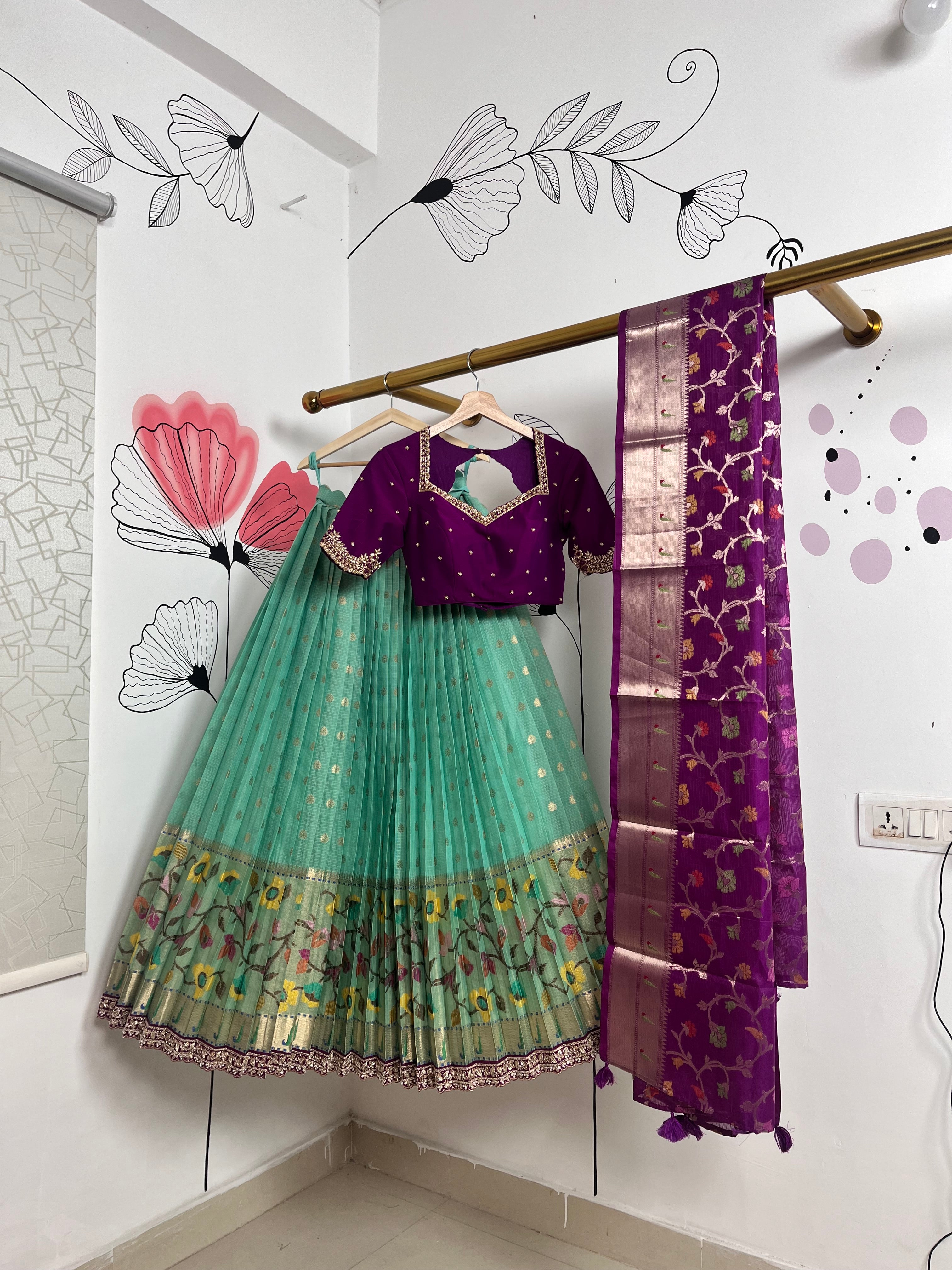 Sea Green and Wine Jari Kota Lehenga