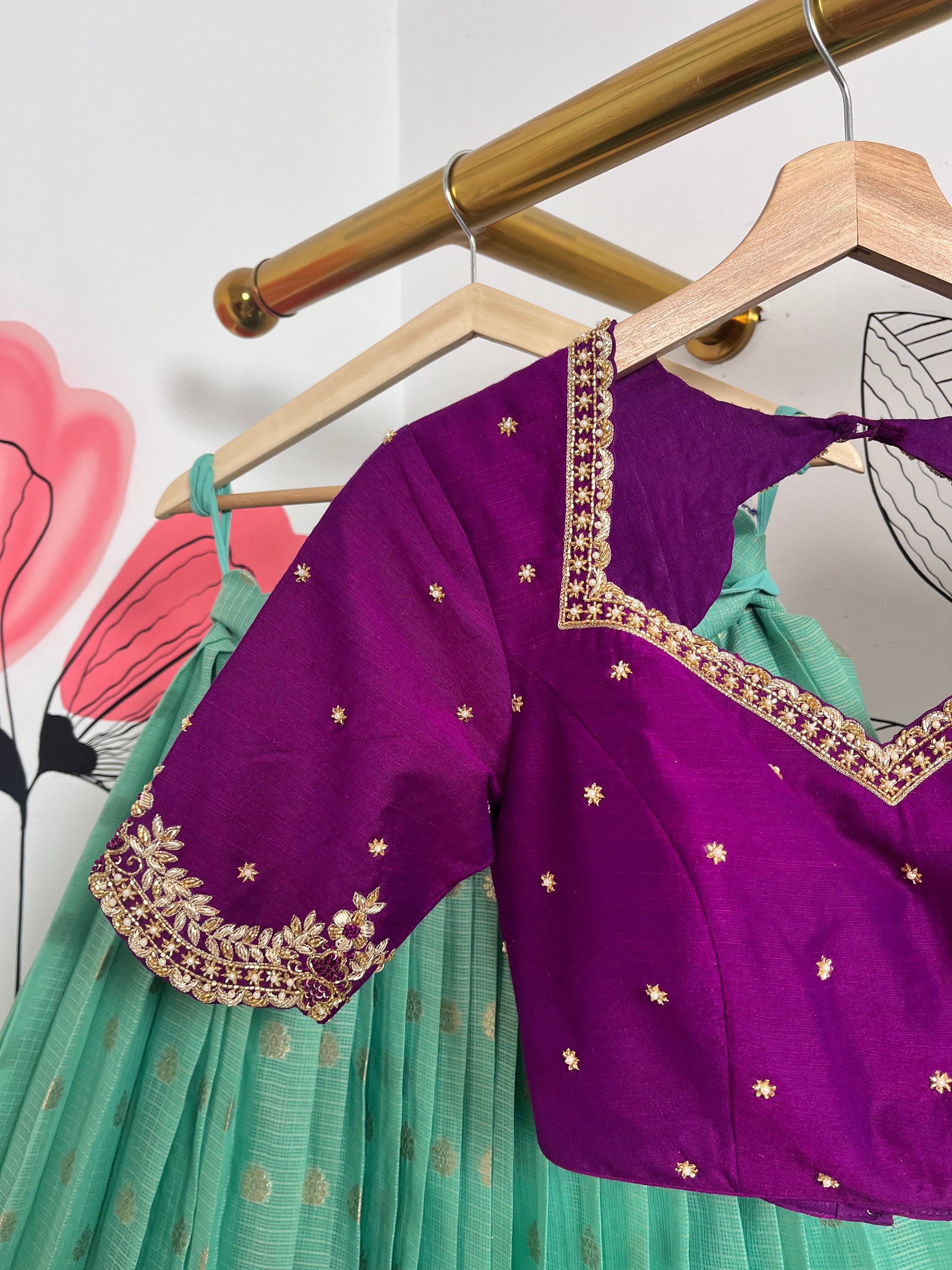 Sea Green and Wine Jari Kota Lehenga