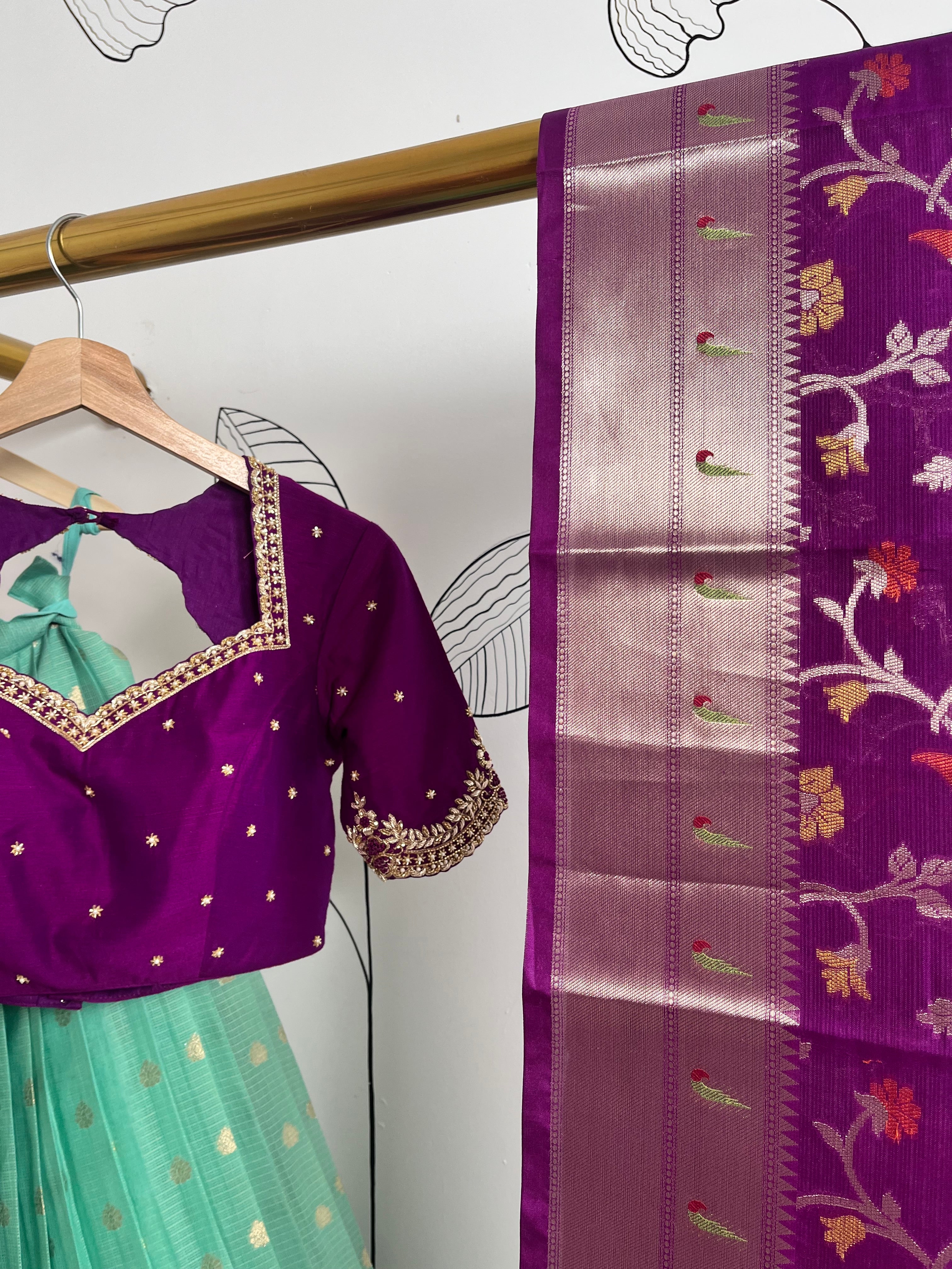 Sea Green and Wine Jari Kota Lehenga