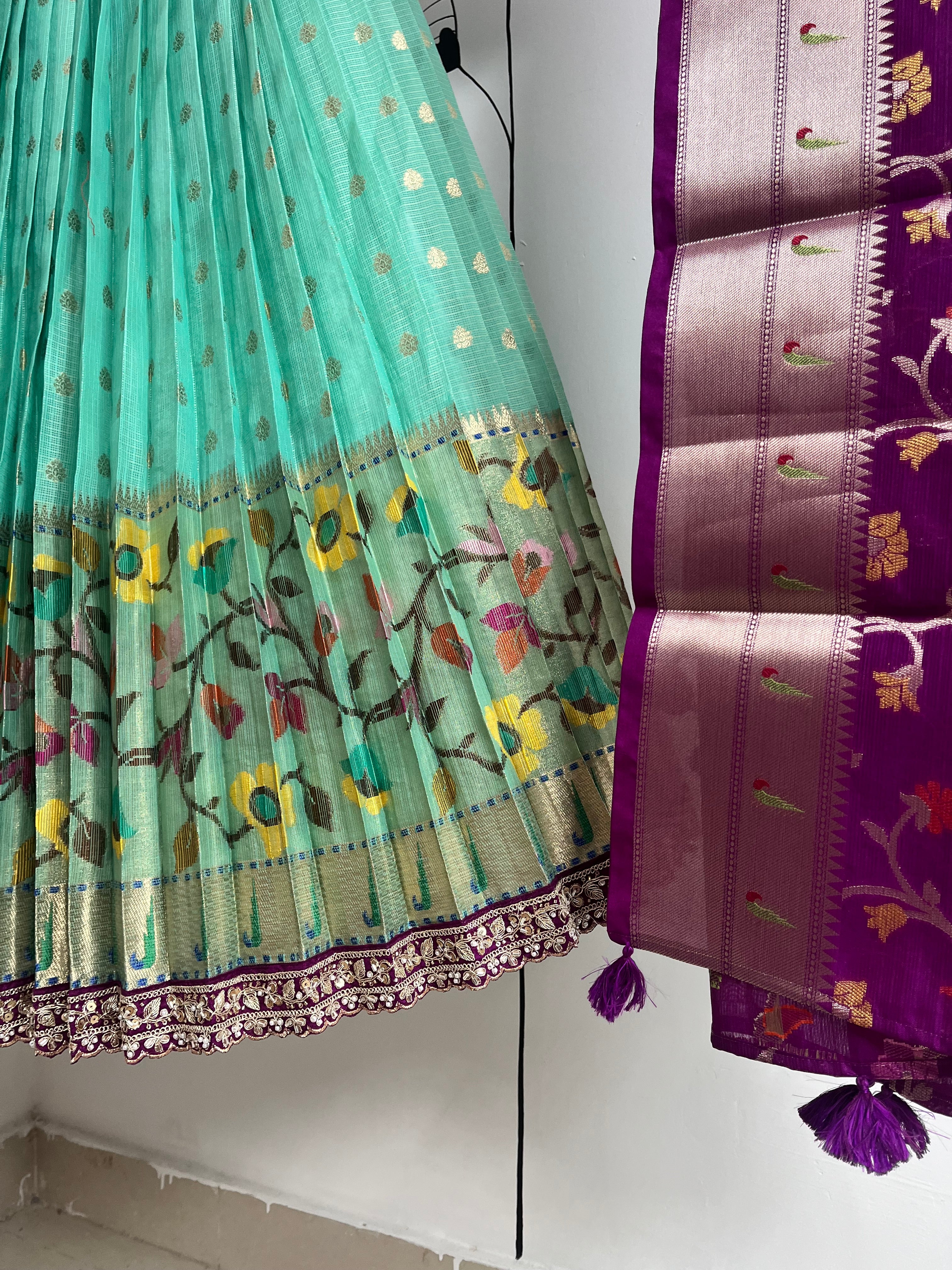 Sea Green and Wine Jari Kota Lehenga