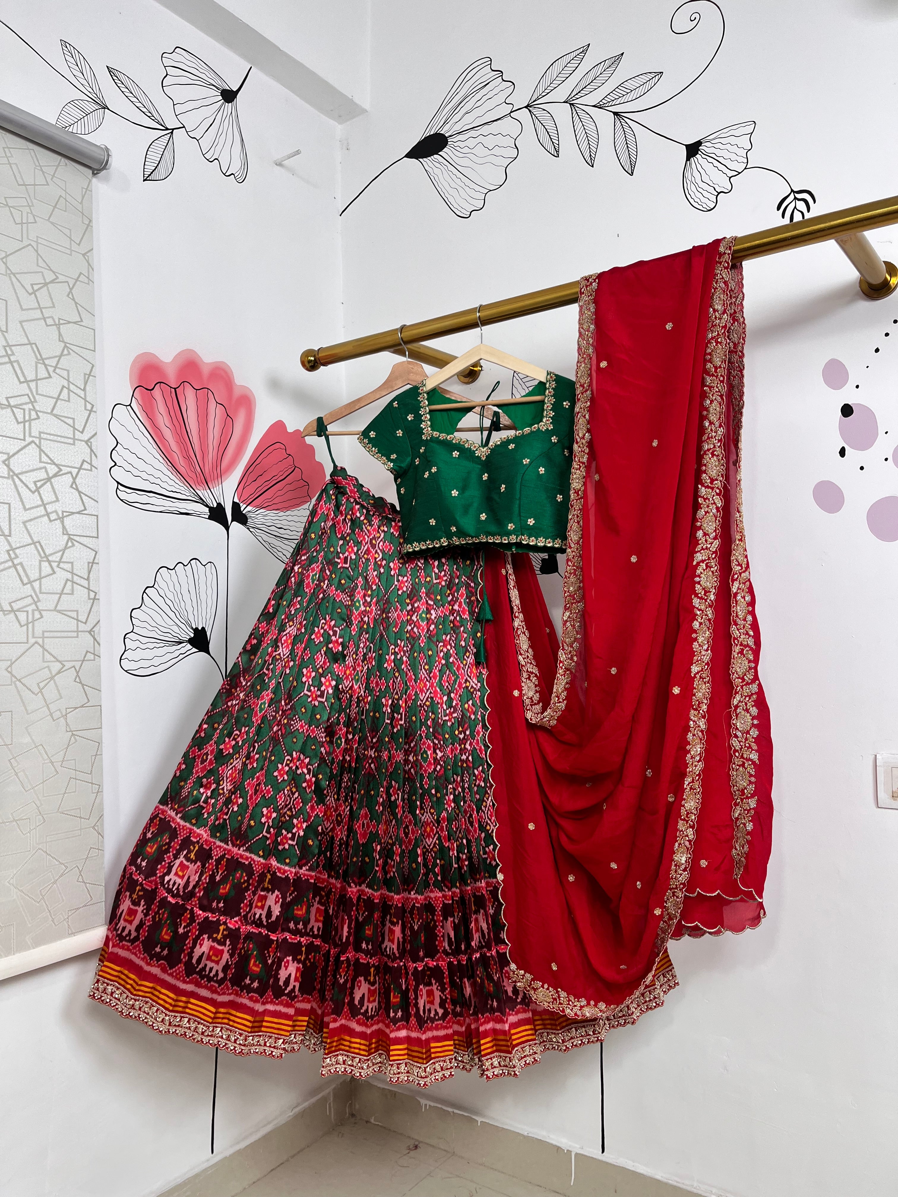 Red and Bottle Green Lehenga