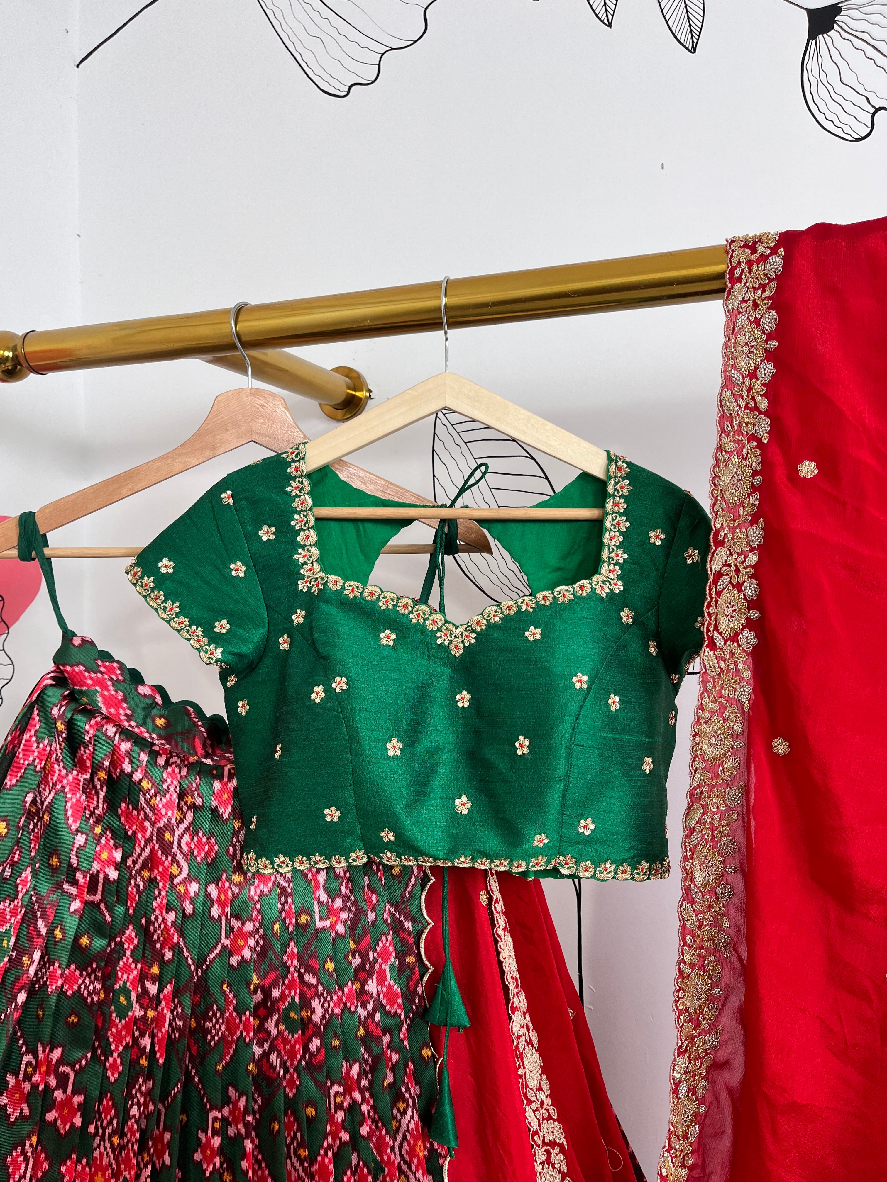 Red and Bottle Green Lehenga
