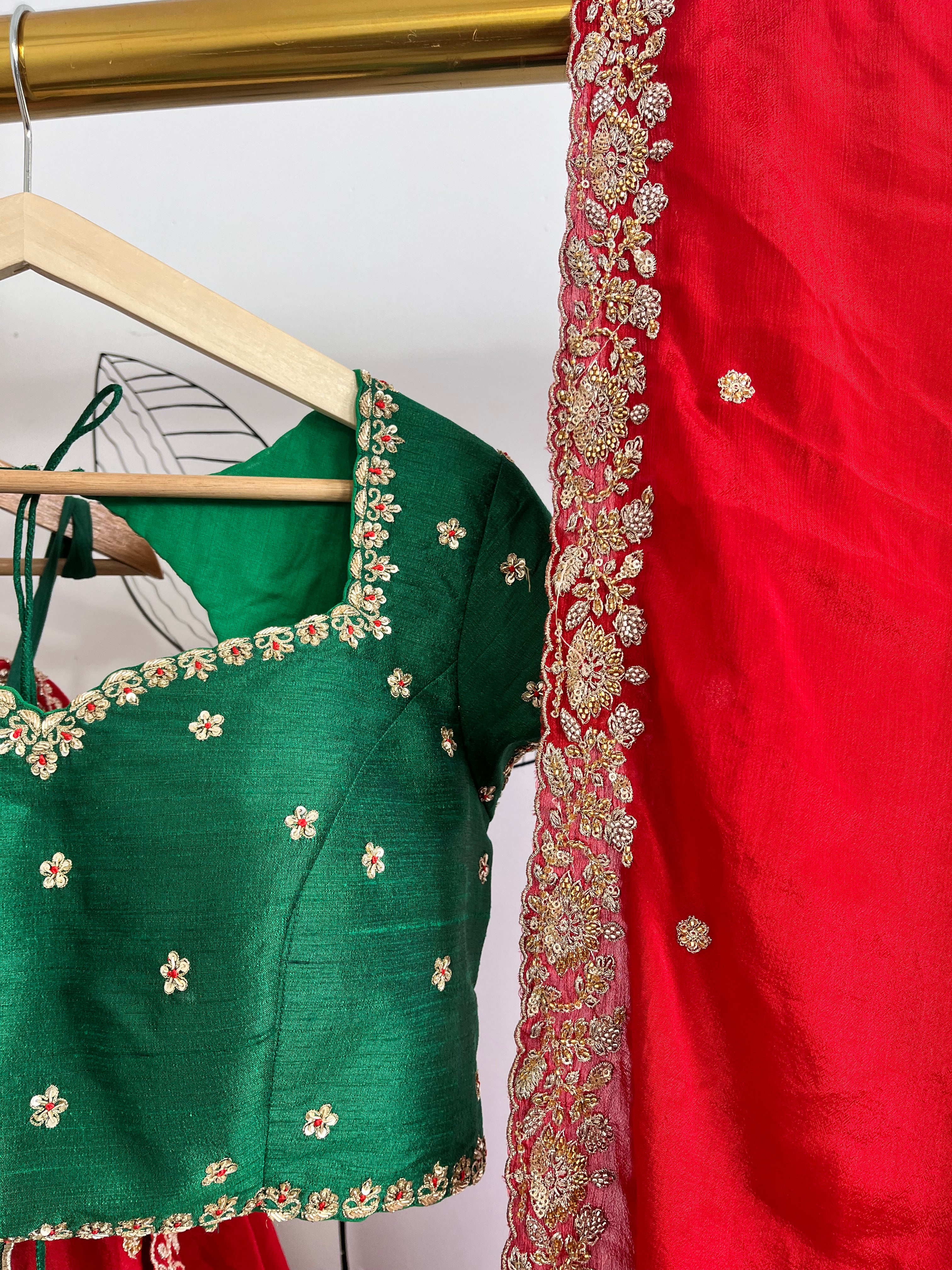 Red and Bottle Green Lehenga