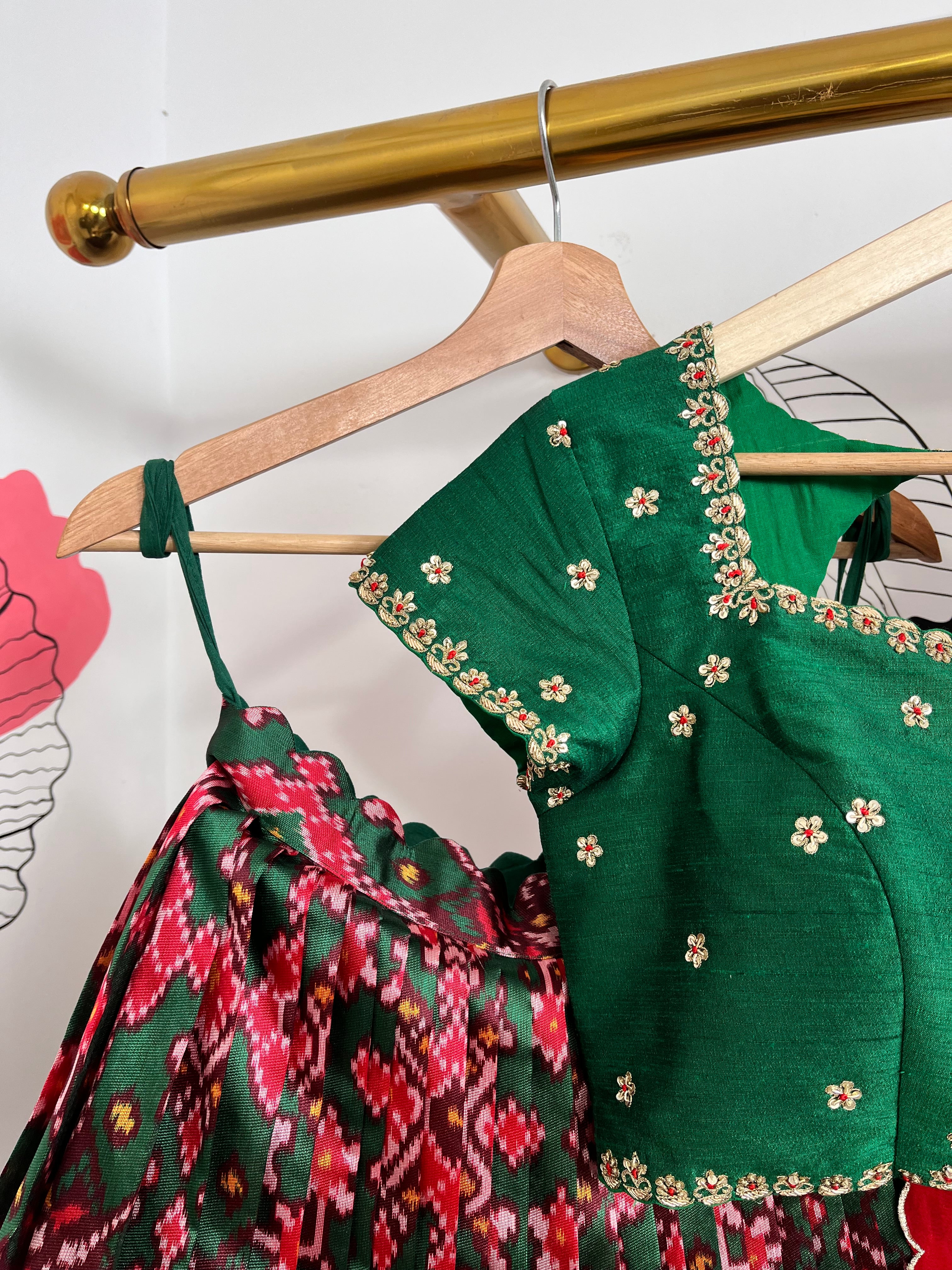 Red and Bottle Green Lehenga
