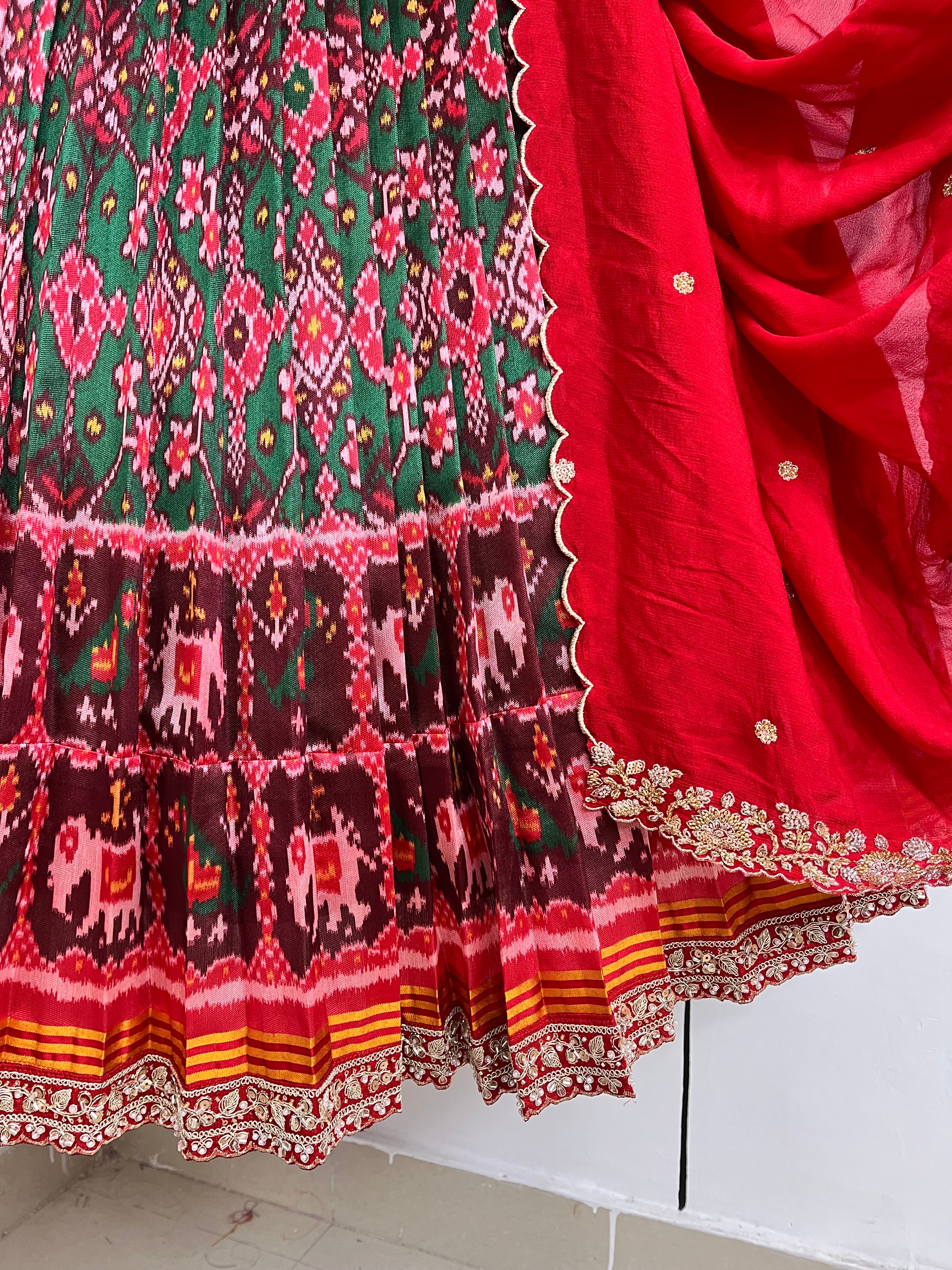 Red and Bottle Green Lehenga