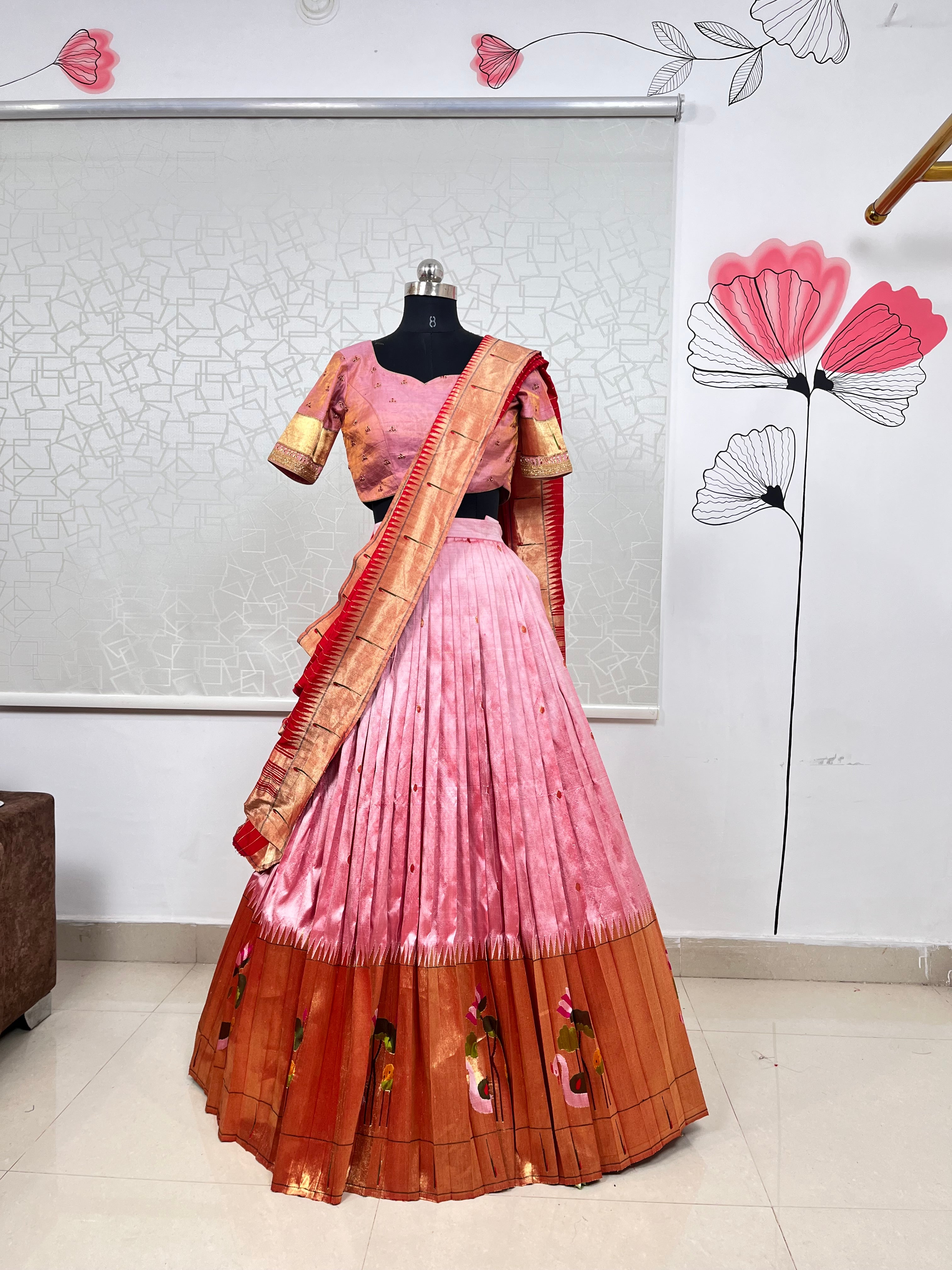 Onion Pink and Red Pure Handloom Paithani Lehenga
