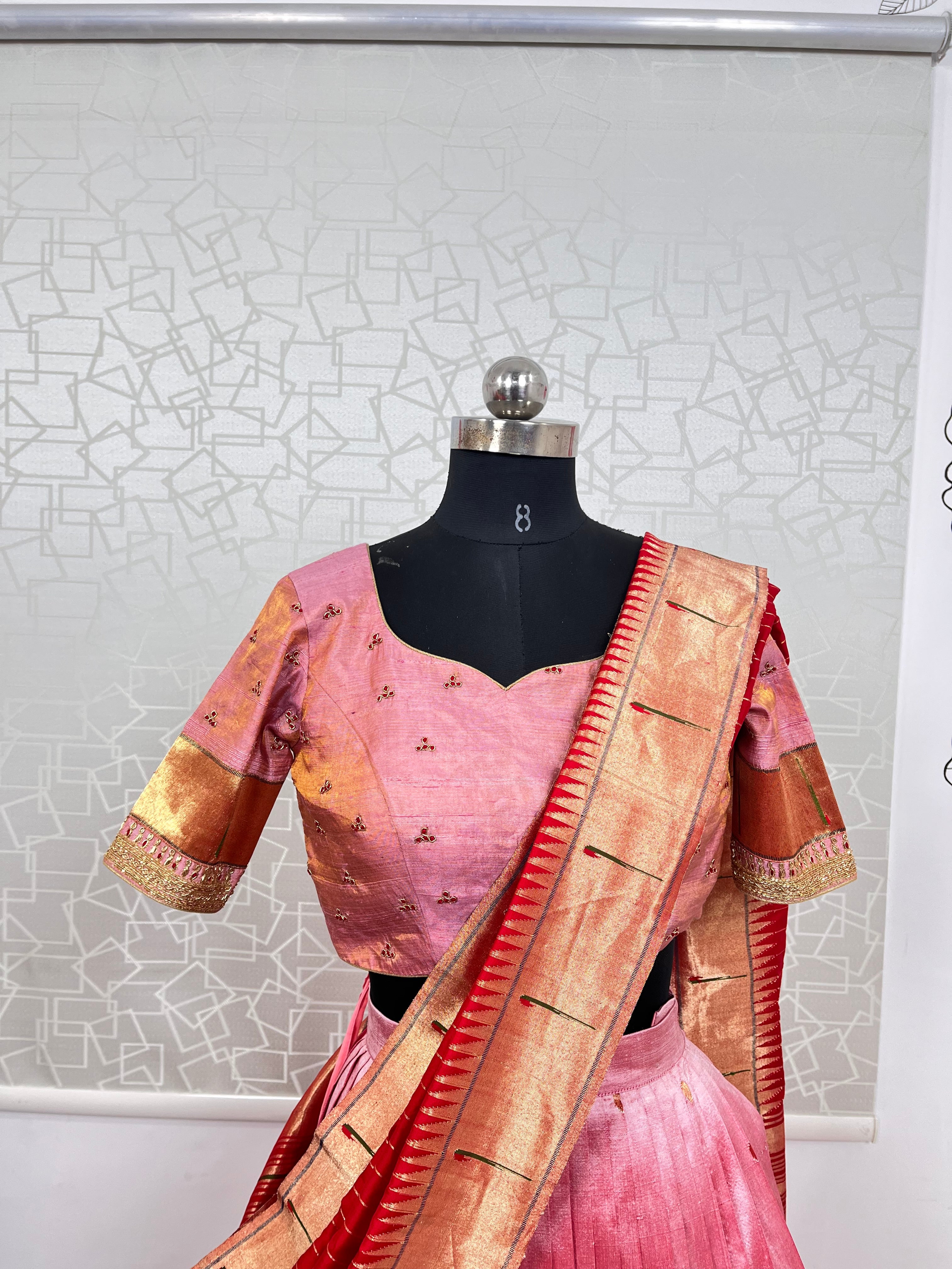 Onion Pink and Red Pure Handloom Paithani Lehenga