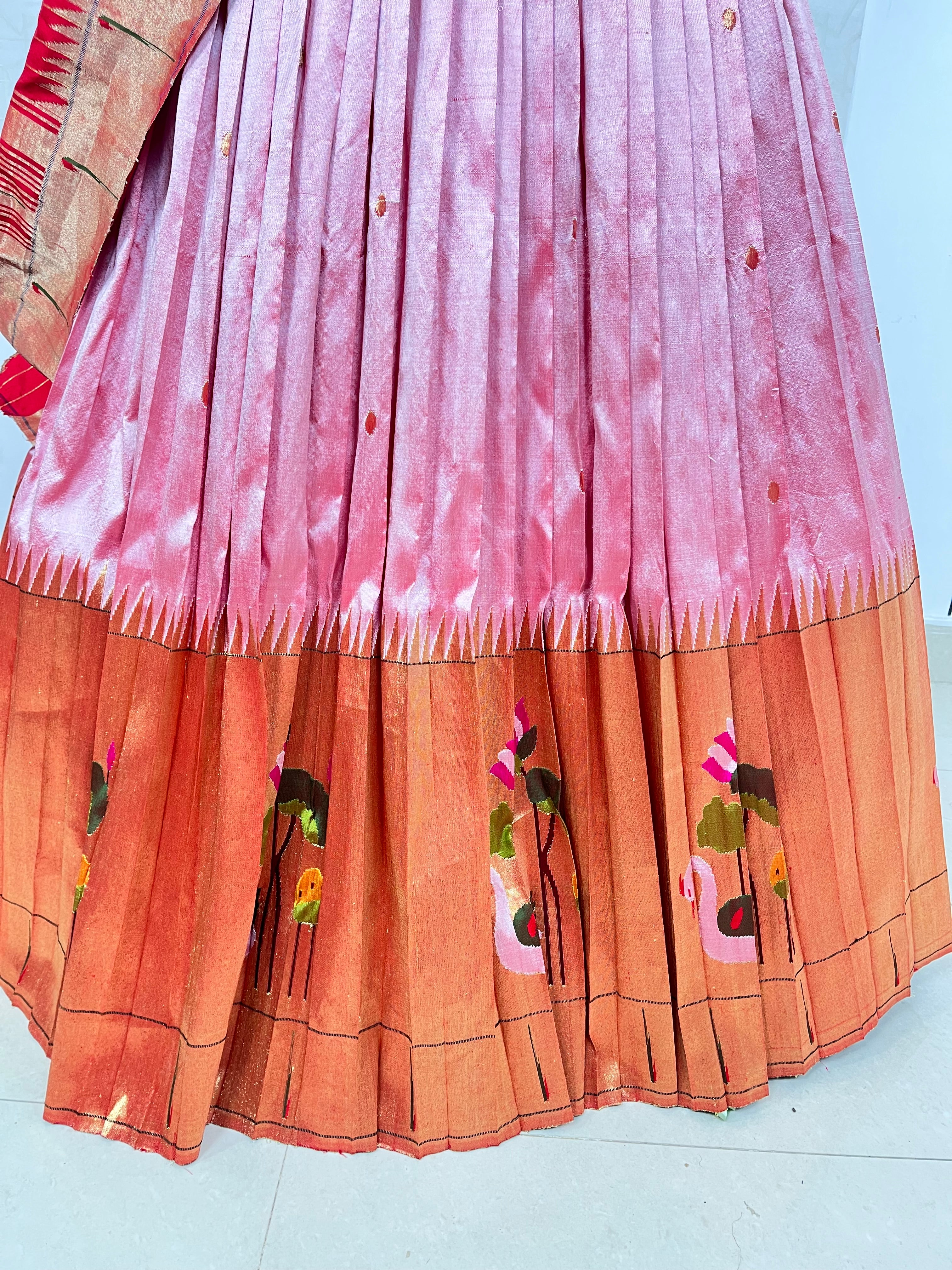Onion Pink and Red Pure Handloom Paithani Lehenga