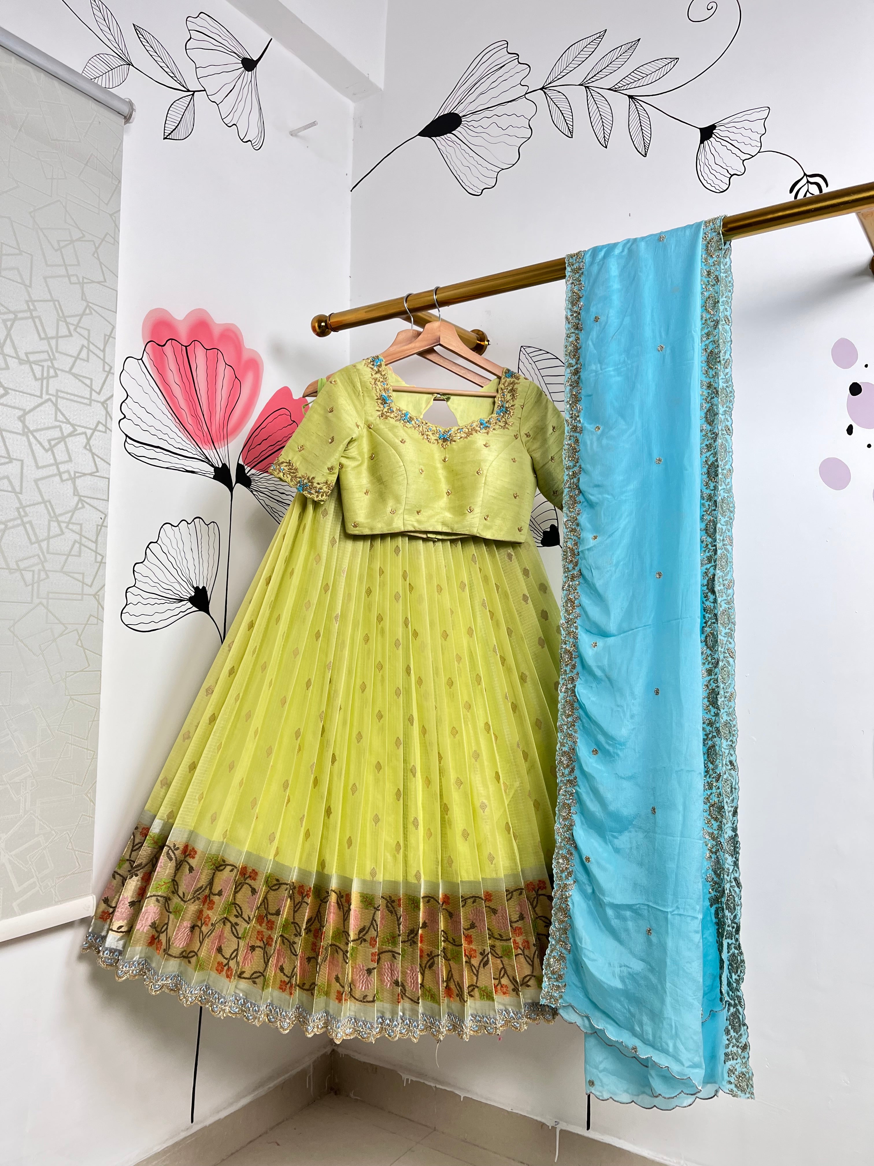 Green and Sky Blue Jari Kota Lehenga