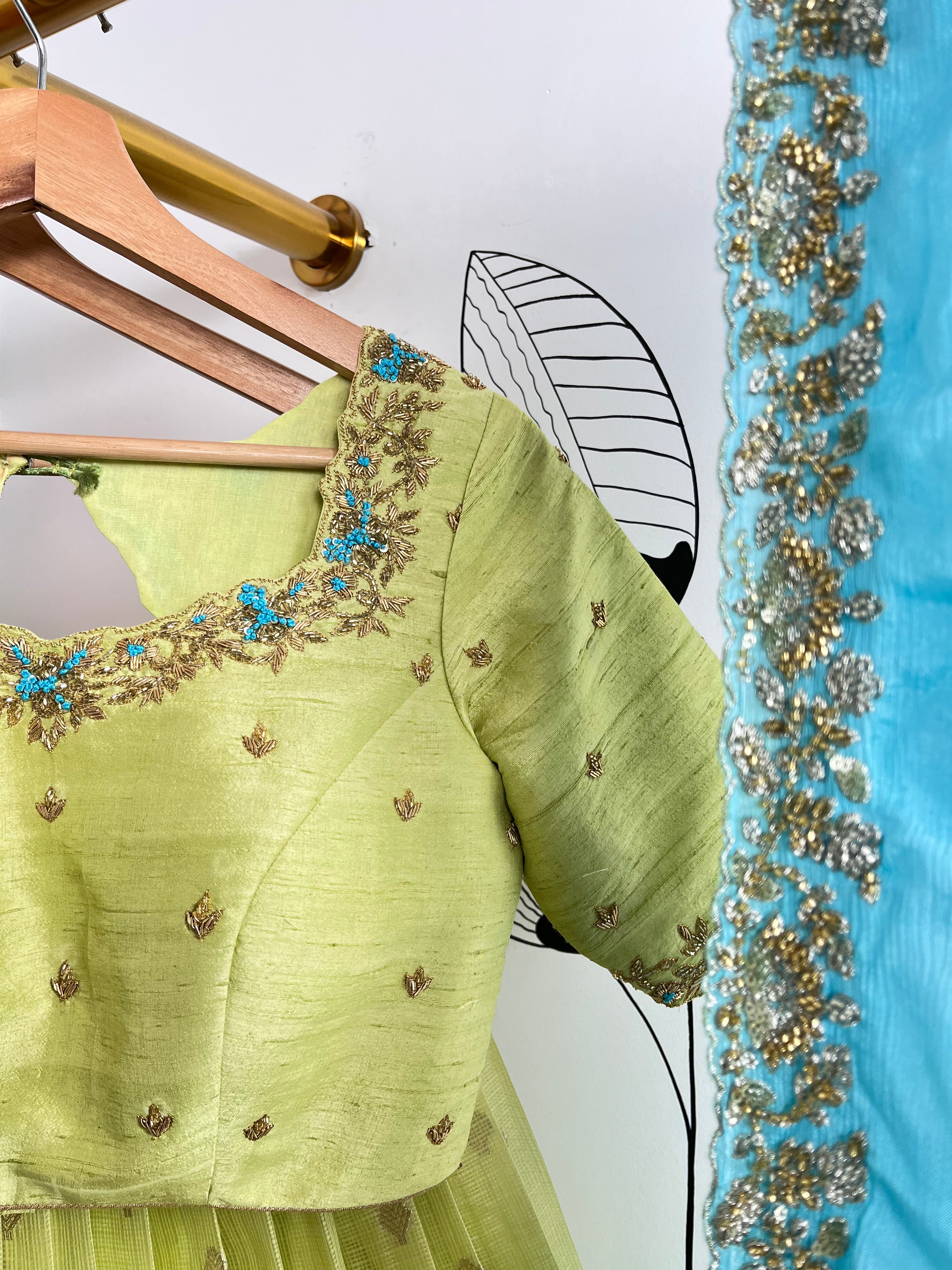 Green and Sky Blue Jari Kota Lehenga