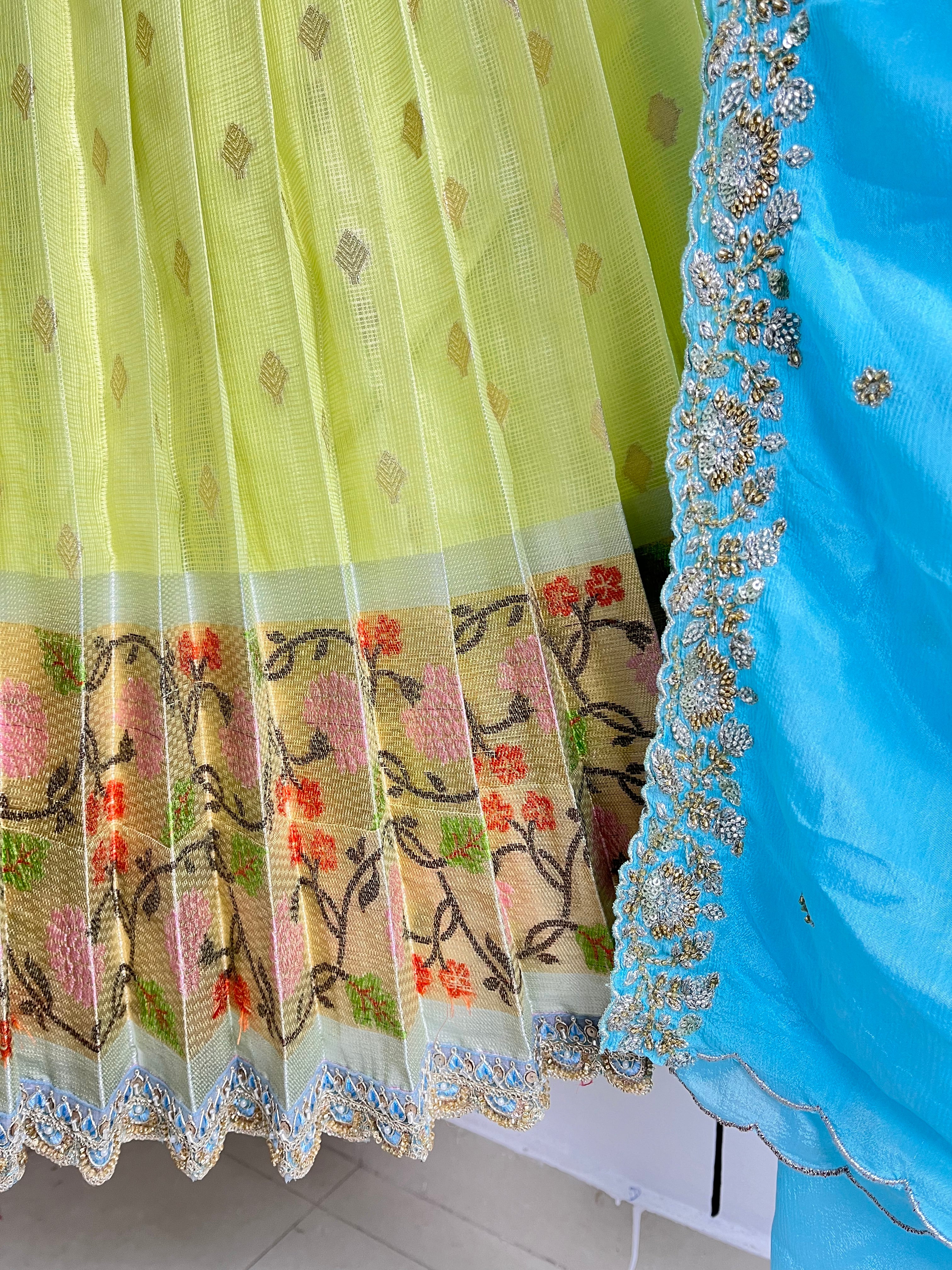 Green and Sky Blue Jari Kota Lehenga