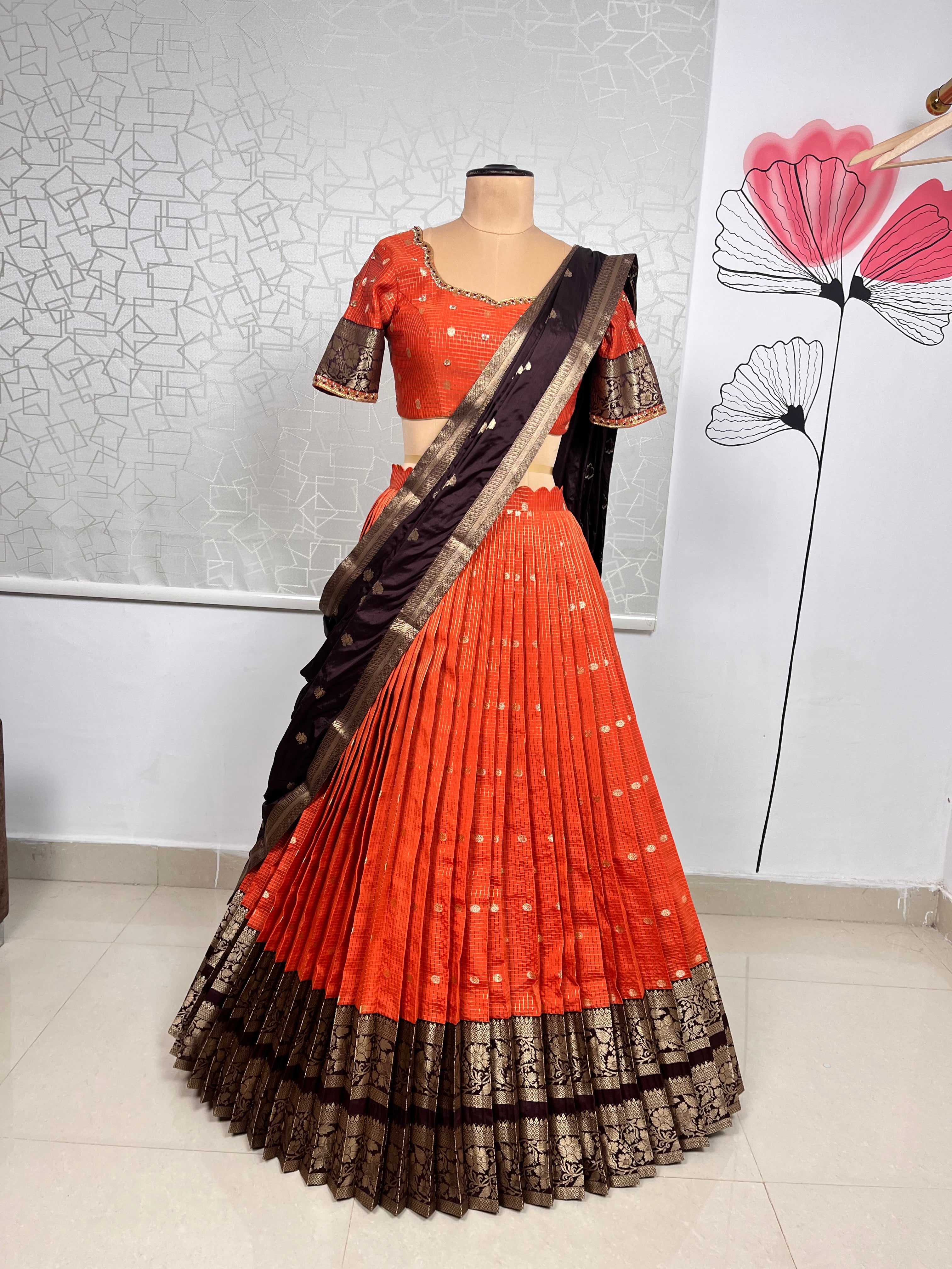Orange And Brown Katan Silk Lehenga