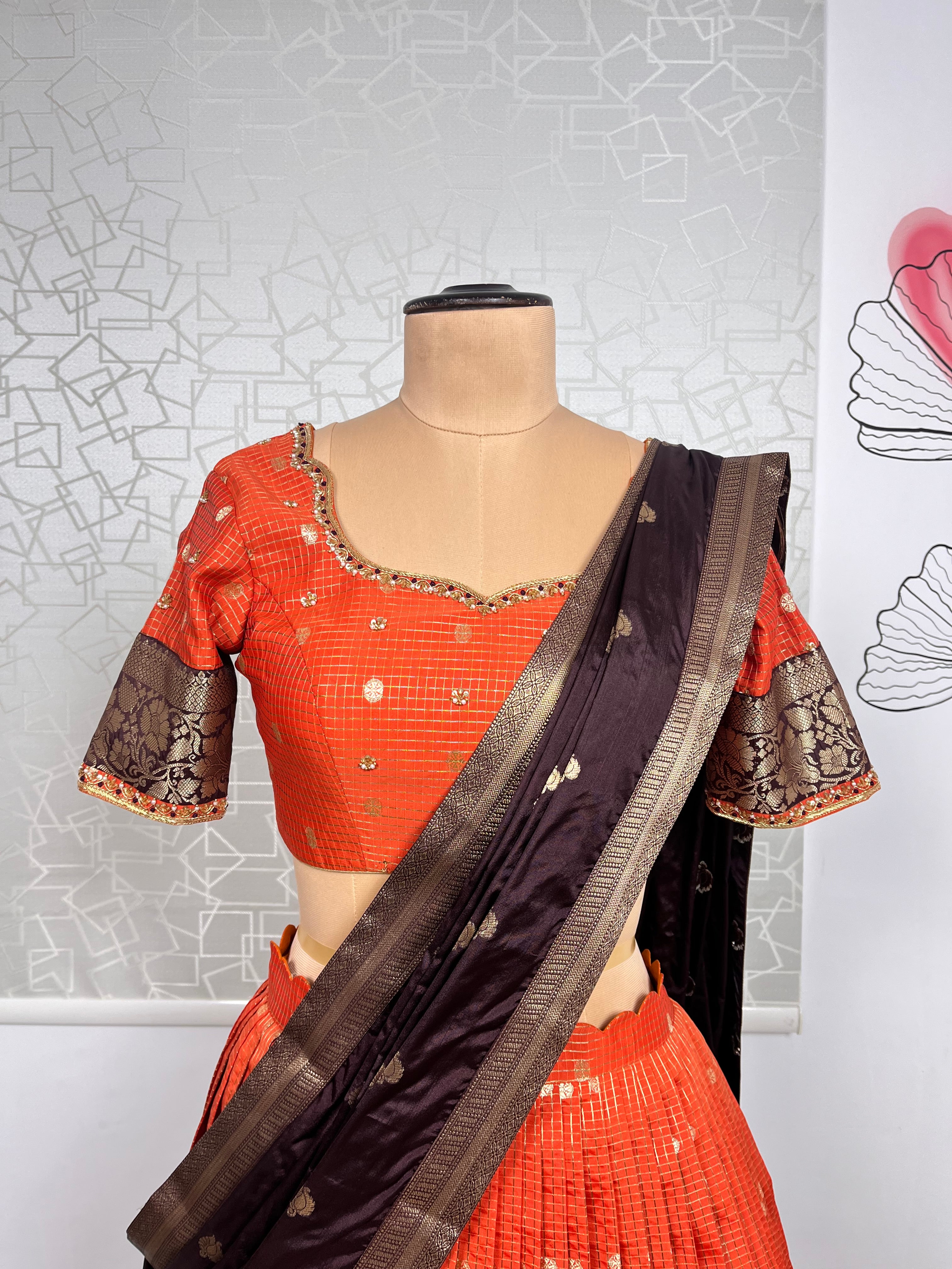 Orange And Brown Katan Silk Lehenga