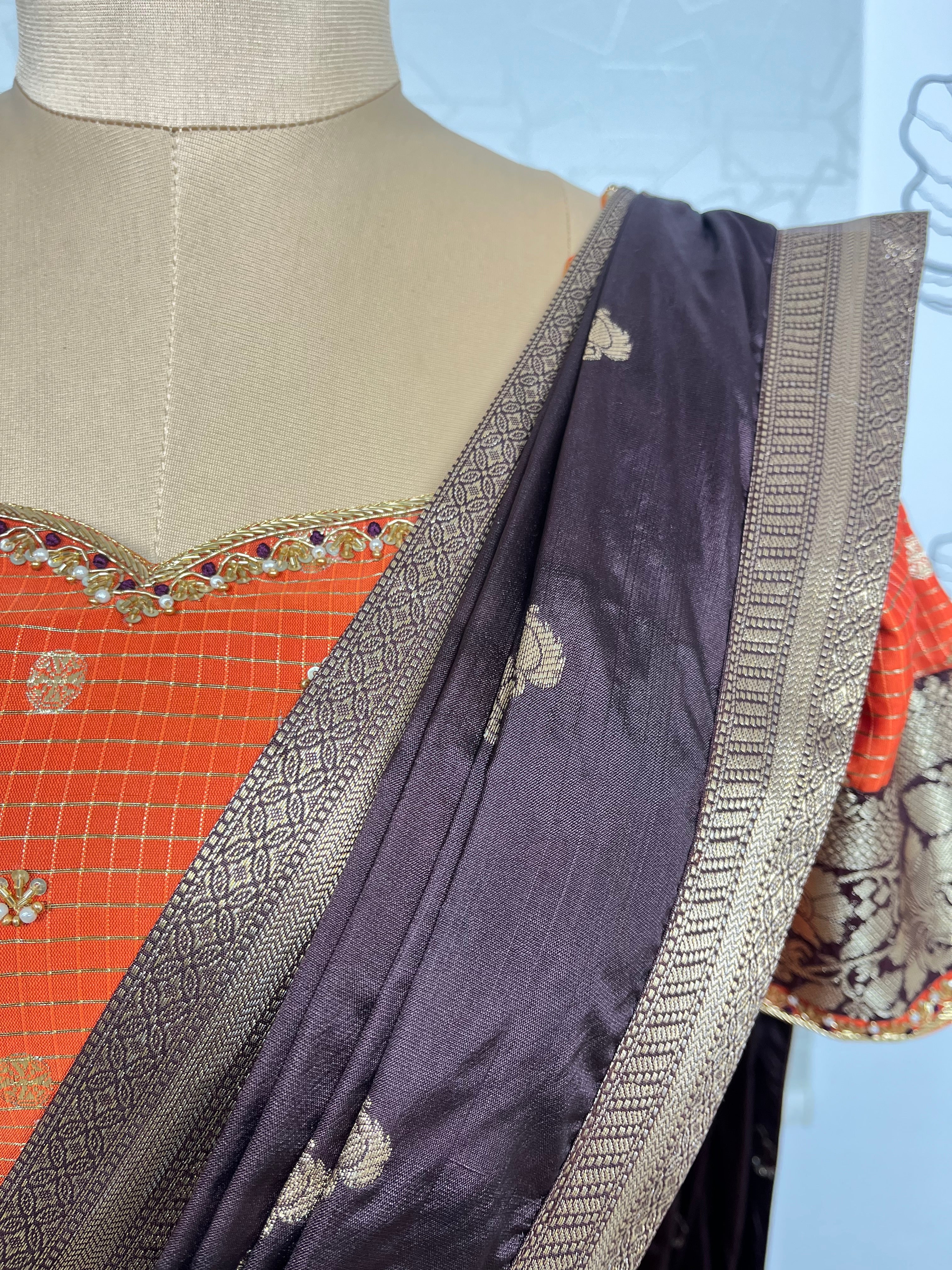 Orange And Brown Katan Silk Lehenga